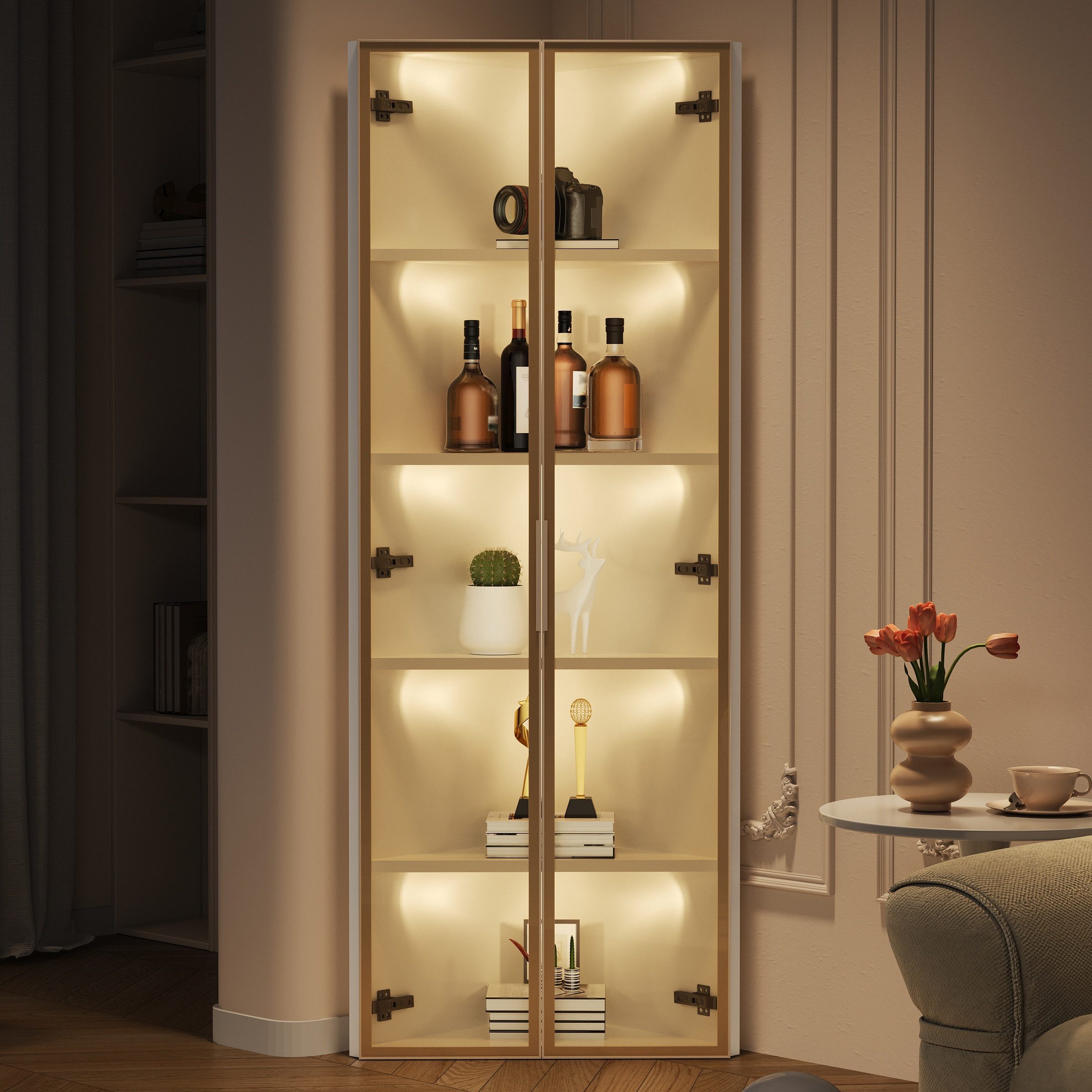 Flieks Glasvitrine Eckvitrine mit LED-Beleuchtung und 5 Fächer (1-St., B62/T35/H160 cm) Standvitrine Eckschrank Hochschrank Highboard Wohnzimmer