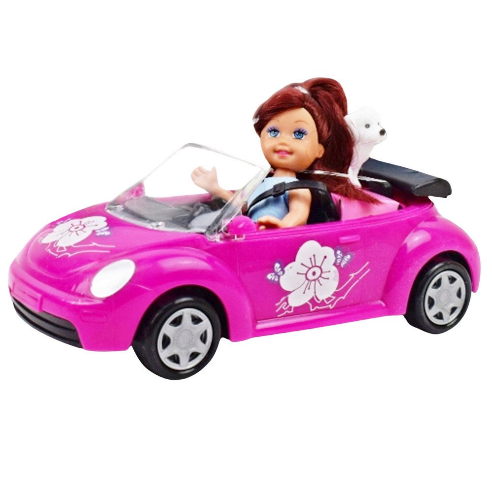 LEAN TOYS Puppenauto Spielzeugcabrio Puppenfahrzeug Rollenspielset, (Spar-Set, 1-tlg), Cabrio, Puppe & Hund, bewegliche Räder