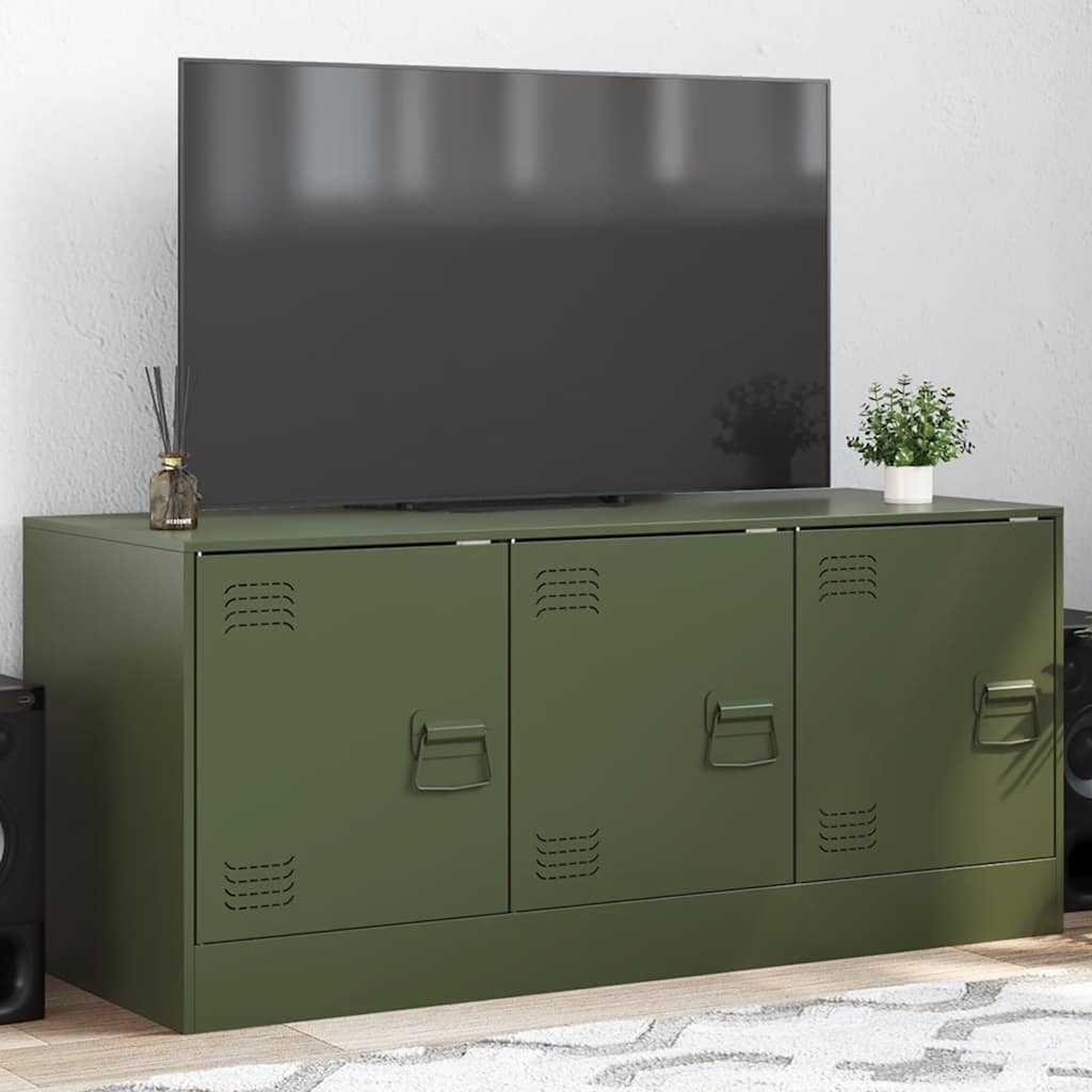 furnicato TV-Schrank 99 x 39 x 44 cm Olivgrün aus kaltgewalztem Stahl (1-St) Lowboard mit 3 Fächern, Metallgriffen und viel Stauraum im Wohnzimmer