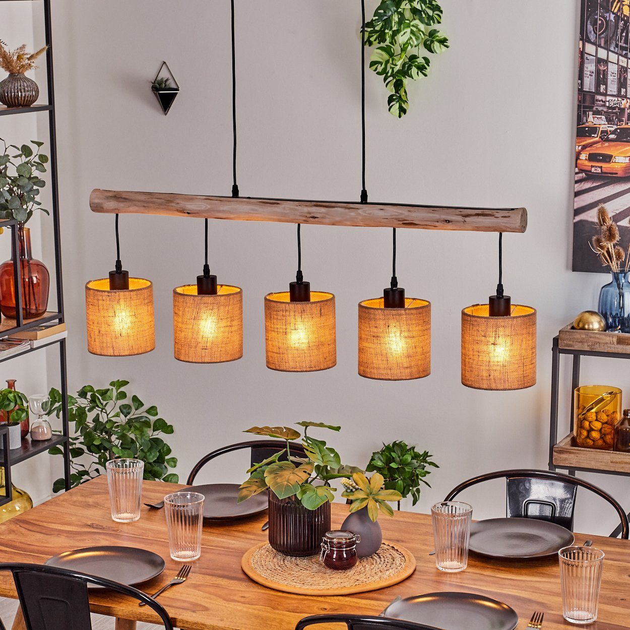 hofstein Pendelleuchte moderne Hängelampe aus Holz/Metall/Leinen in Natur/Schwarz/Beige, ohne Leuchtmittel, Hängeleuchte im skandinavischen Design, 5xE27, ohne Leuchtmittel