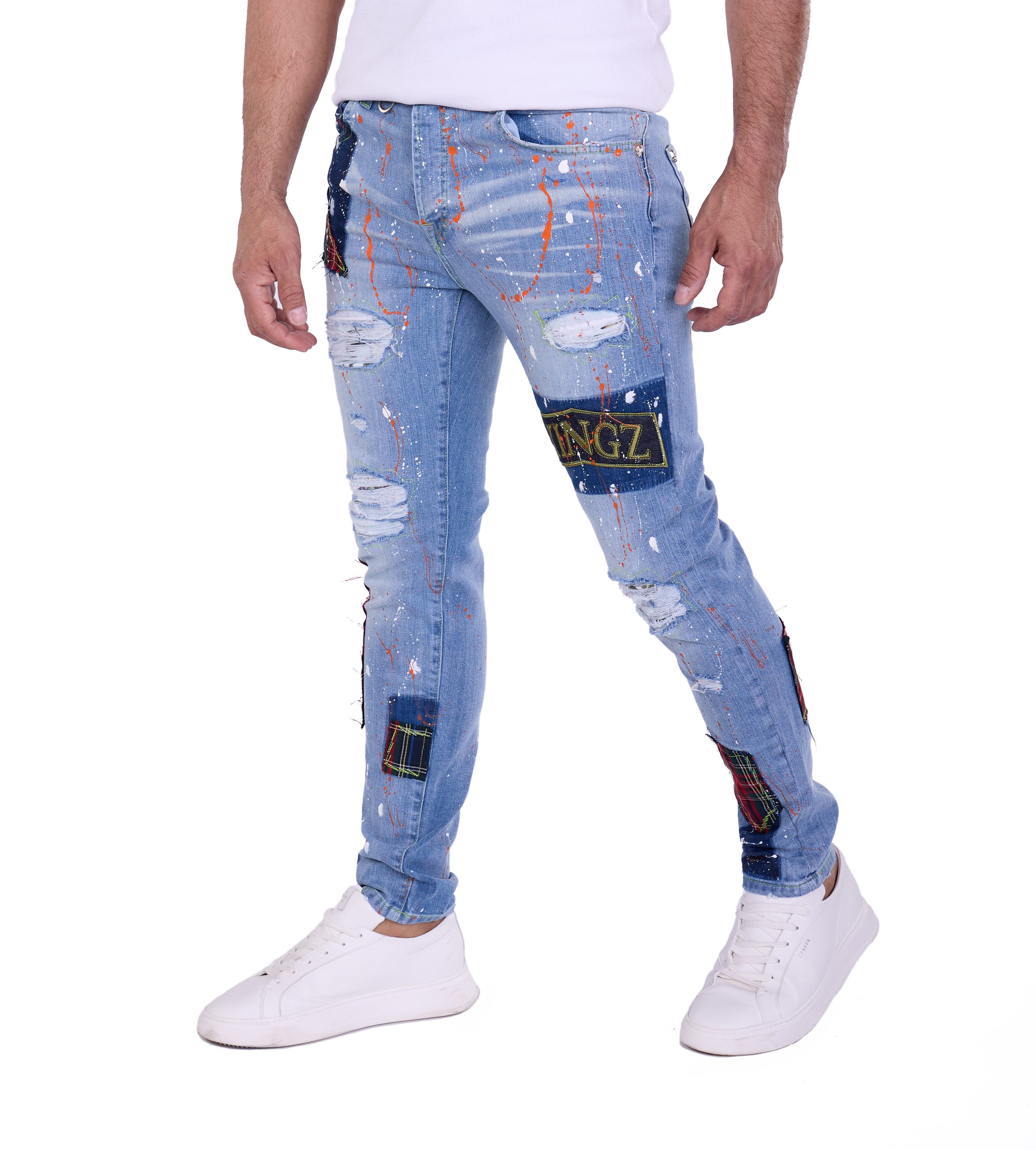 KINGZ Slim-fit-Jeans Herren Designer Patwork Slim Fit Jeans