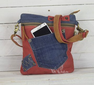 Sunsa Umhängetasche Umhängetasche aus recycelte Jeans und Rote Canvas. Kleine Upcycling Tasche mit Einsteckfronttasche, Upcycling Jeans