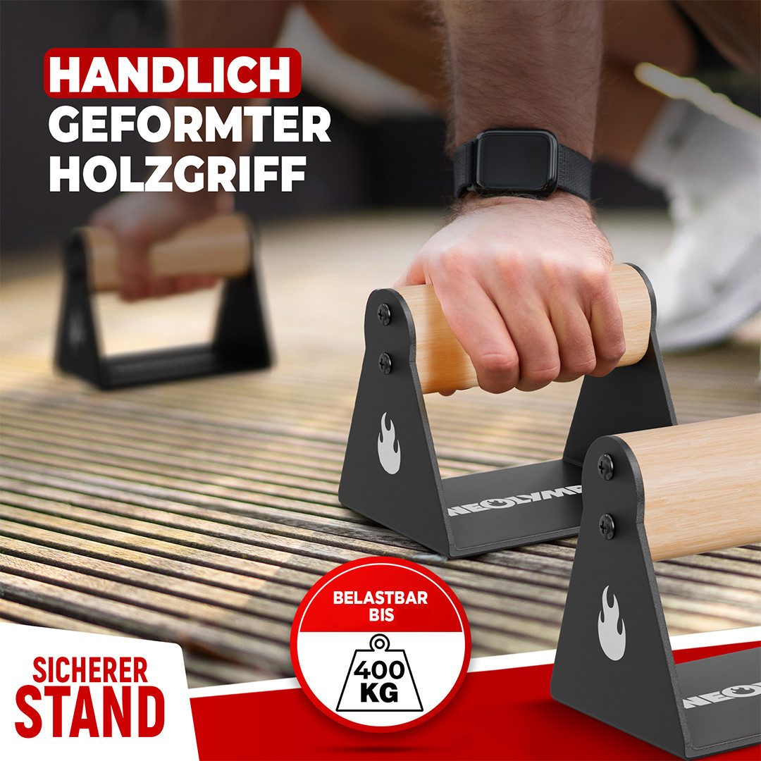 NEOLYMP Bodenmatte Liegestützgriff - Ergonomisch & Handgelenkschonend - Handstand Griffe (Set, Griffe für Liegestütze - 2 Stück - Ideal für Calisthenics & Dip barren), Belastbare Standfüße - extreme Stabilität - Anti-Rutsch Pads