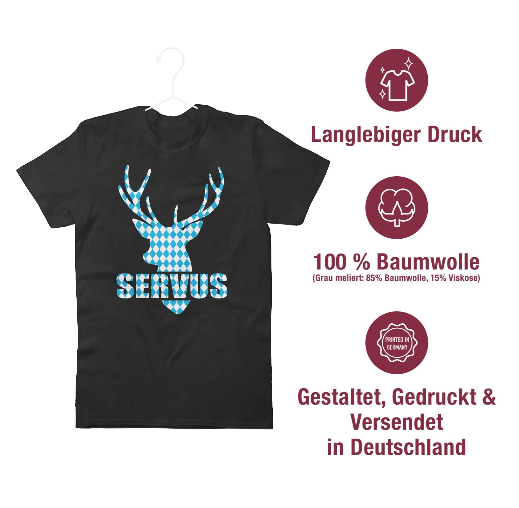 Hirsch - Schwarz Mode T-Shirt Oktoberfest Muster für bayrischem Shirtracer mit Servus 01 Herren