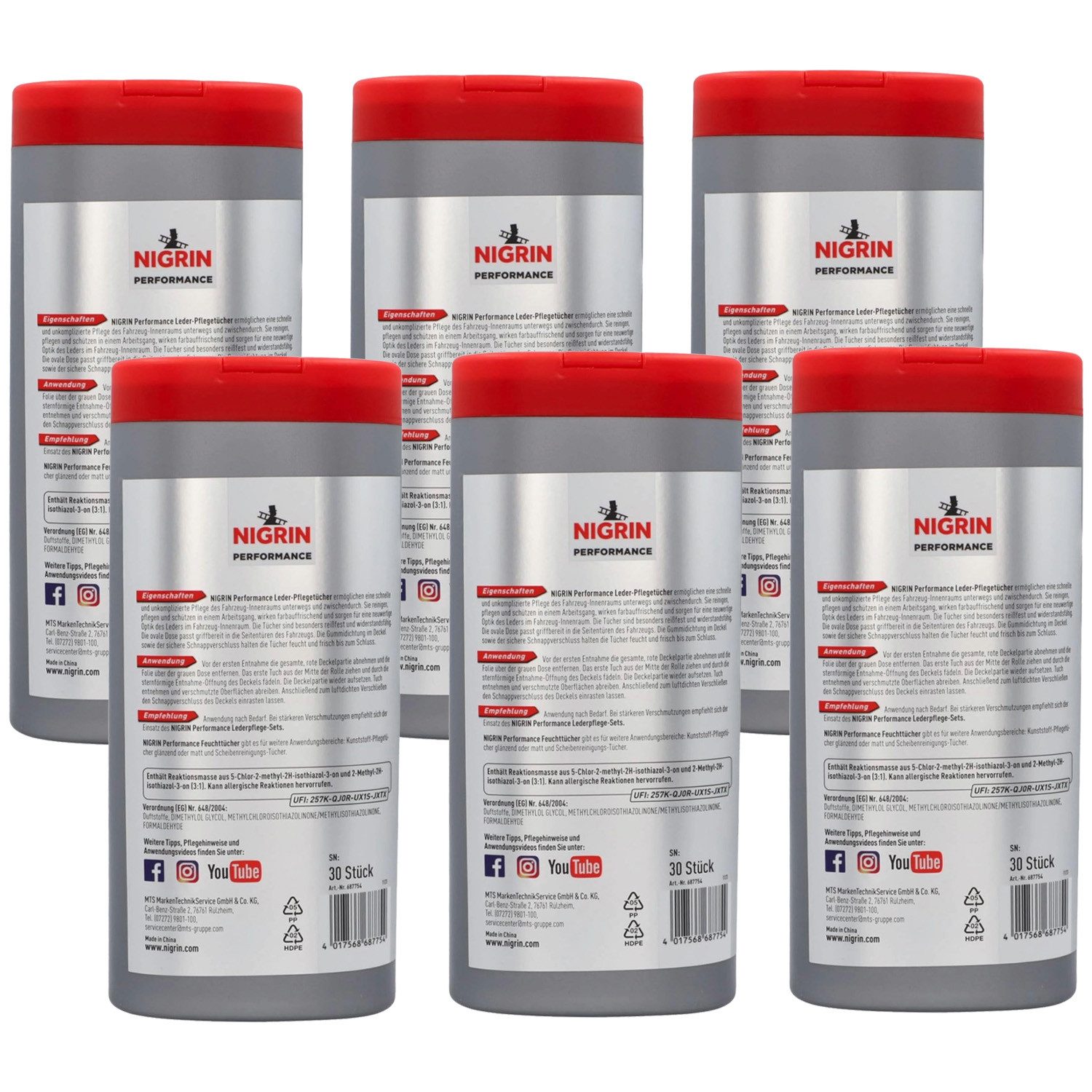 NIGRIN 6x Lederpflegetücher Spenderbox Leder-Reiniger 30x Lederpflege (6x 30er Dose mit Tüchern, 6 St), Pflege-Tuch Reinigung Lederpflege Tücher Spenderbox Farbauffrischend