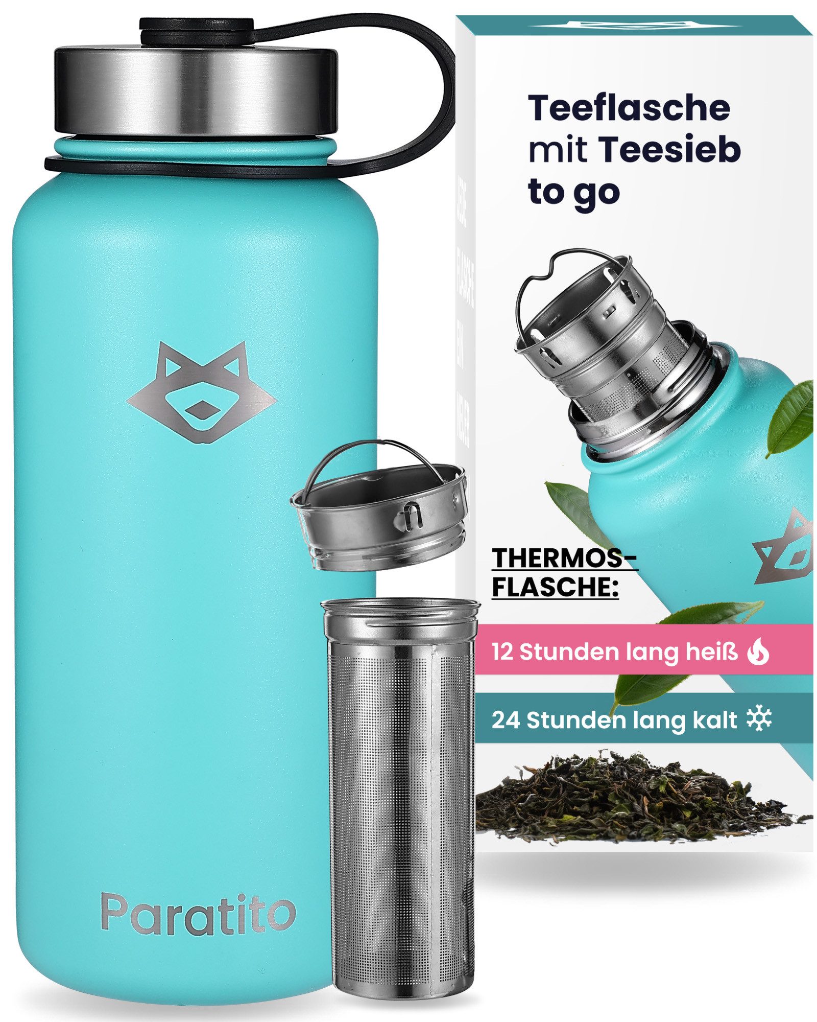 Paratito Isolierflasche Thermosflasche mit Teesieb - Teeflasche mit Sieb To Go, 1 l, BPA-frei, Edelstahl, Liter, Teesieb