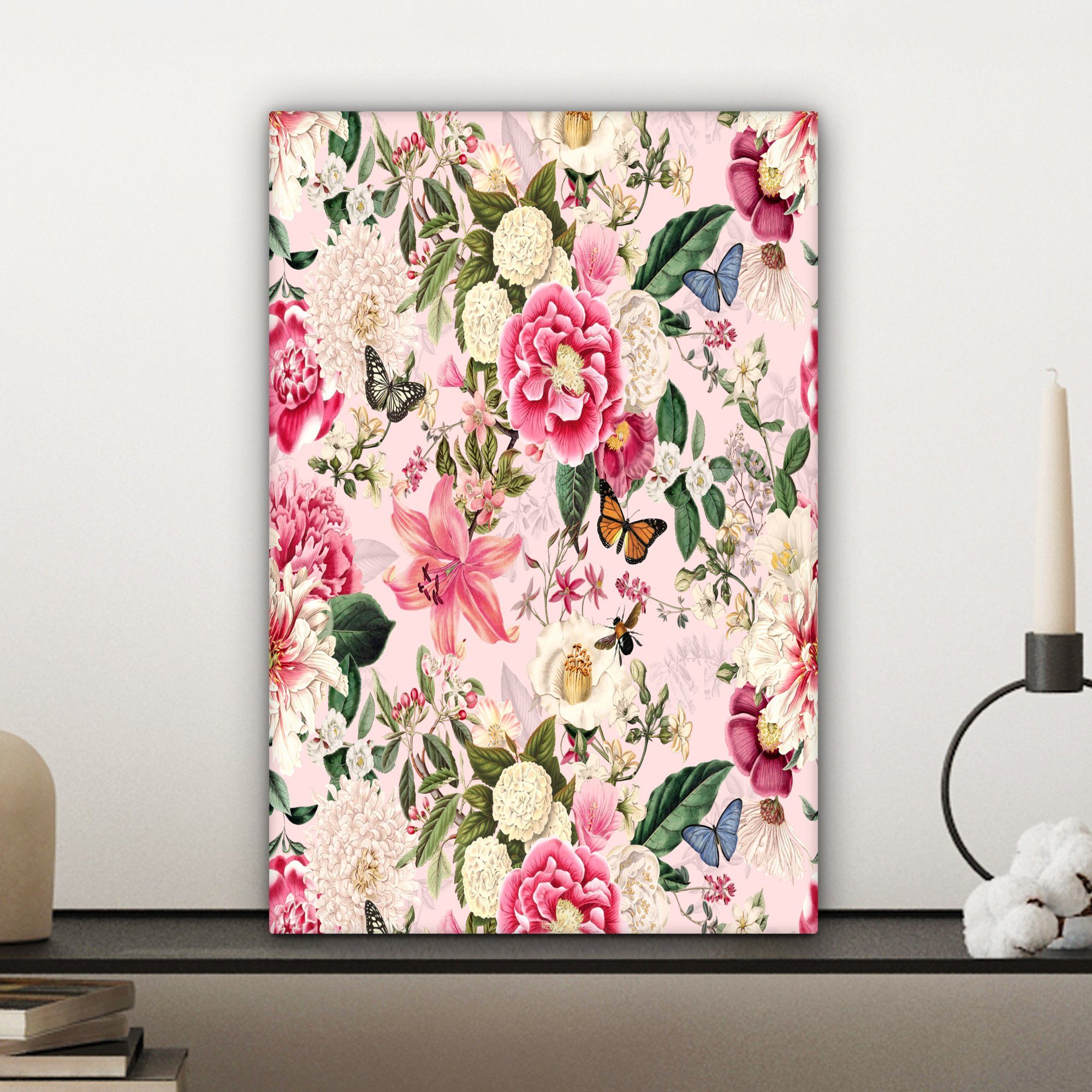 Blumen (1 Leinwandbild Gemälde, St), 20x30 - Zackenaufhänger, inkl. cm Hortensie, Leinwandbild bespannt OneMillionCanvasses® fertig Schmetterlinge -