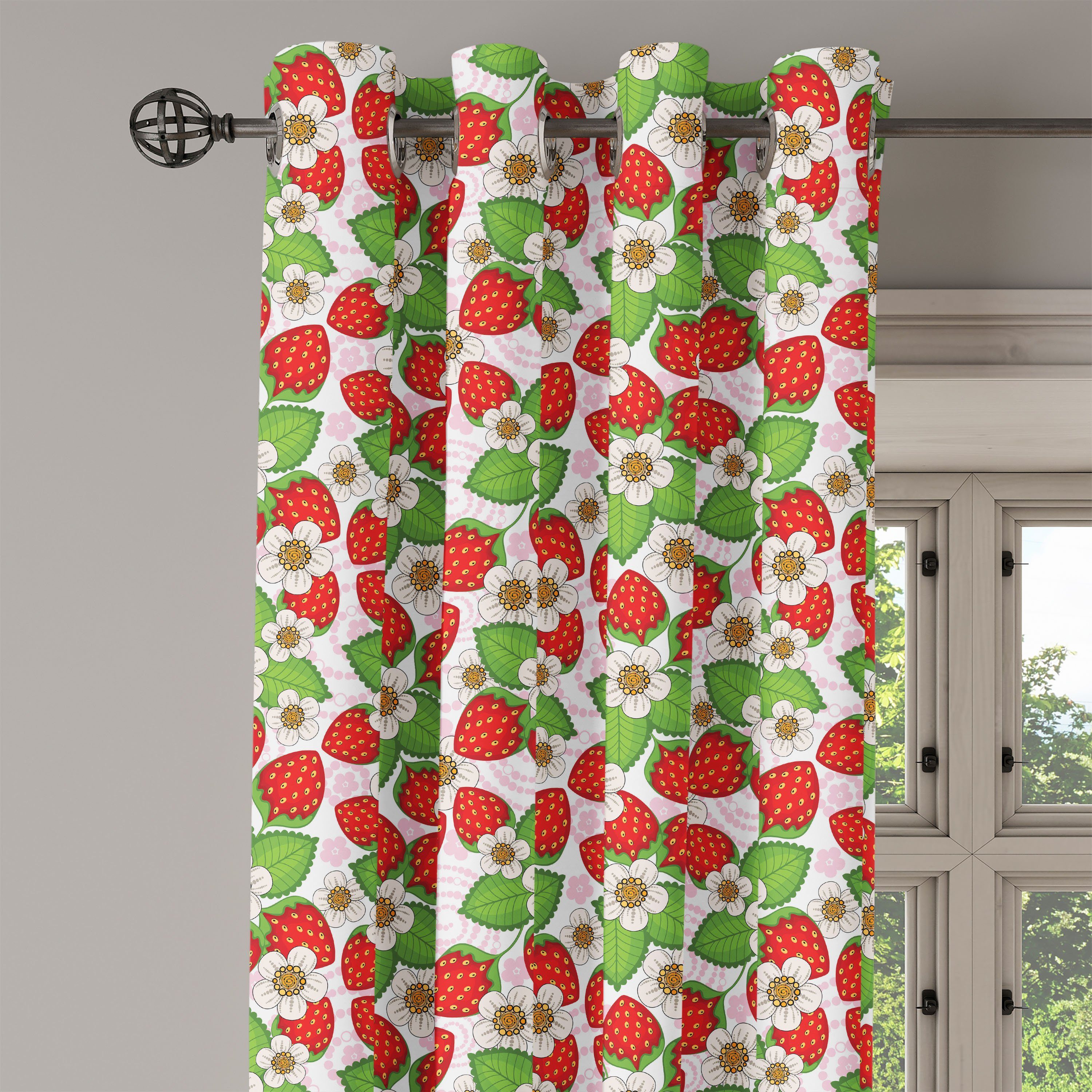 Wohnzimmer, Erdbeeren Gardine Blumen Abakuhaus, Dekorative Sommer Schlafzimmer 2-Panel-Fenstervorhänge für