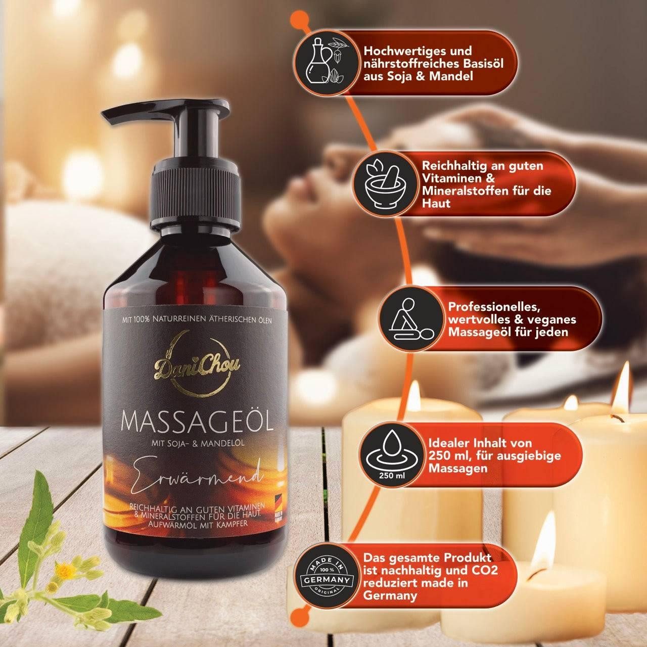 DaniChou Massageöl Erwärmend 250 ml – Made in Germany, Mit Sojaöl, Mandelöl & Kampfer – Direkt wärmendes, entspannendes Gefühl – 100%, Naturkosmetik & ätherische Öle für intensive Entspannung