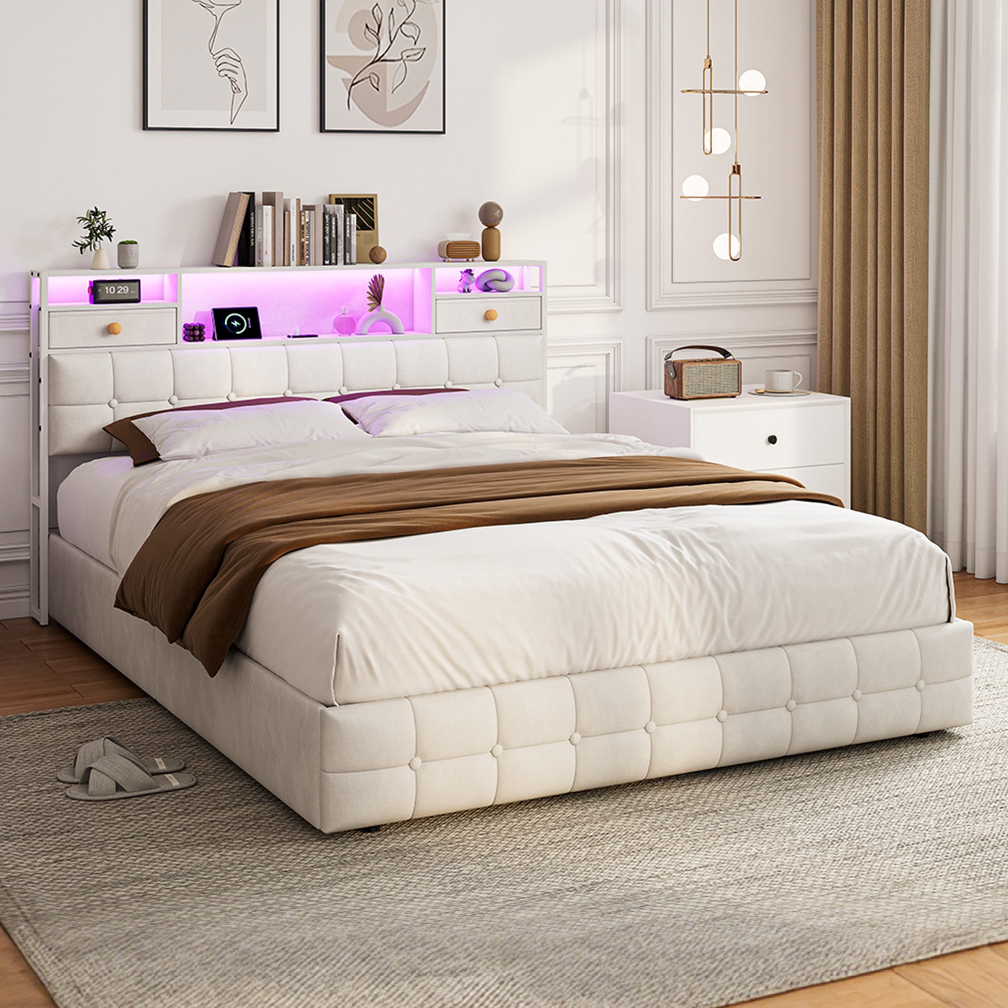 Simurq Polsterbett boxspringbett 140x200,polsterbett,doppelbett mit LED und USB (1-tlg, Stauraumbett mit Bettkasten und Kopfteil), Jugendbett mit Lattenrost,Samt,ohne Matratze