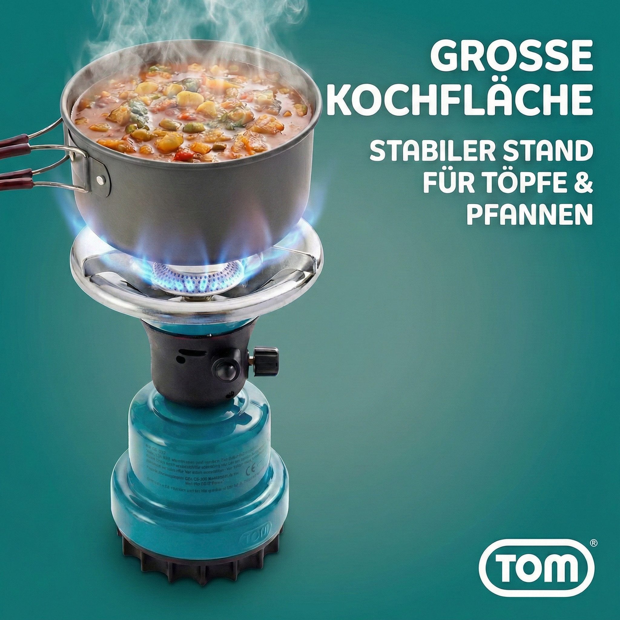 TOM Gaskocher Campingkocher optional mit 4x190g Gas Kartuschen CG-190 Butan Gas, (5-St), 1100W, Piezozündung, Windschutz, Stechkartuschen, Kartuschen Kocher – Bild 5 von 5