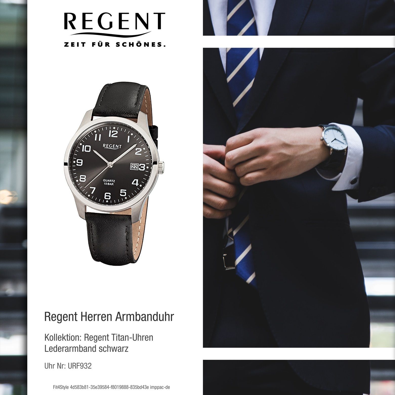 Regent Quarzuhr rund, Herren Armbanduhr Regent Lederarmband mittel schwarz (ca. Analog, 37mm), Herren-Armbanduhr