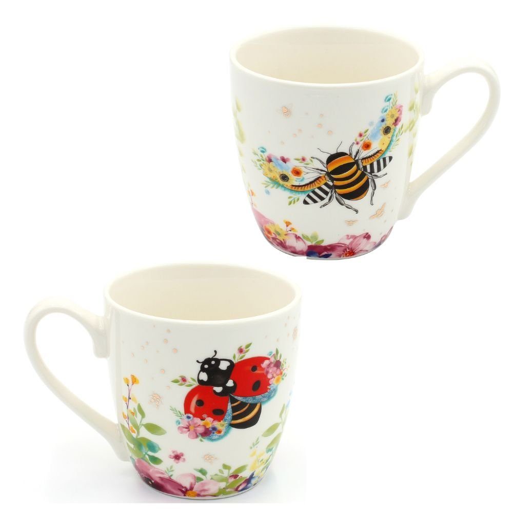 Dekohelden24 Tasse 2er Set Kaffeebecher Kaffeetasse aus Porzellan - Motiv: Biene und, 2-tlg., Porzellan