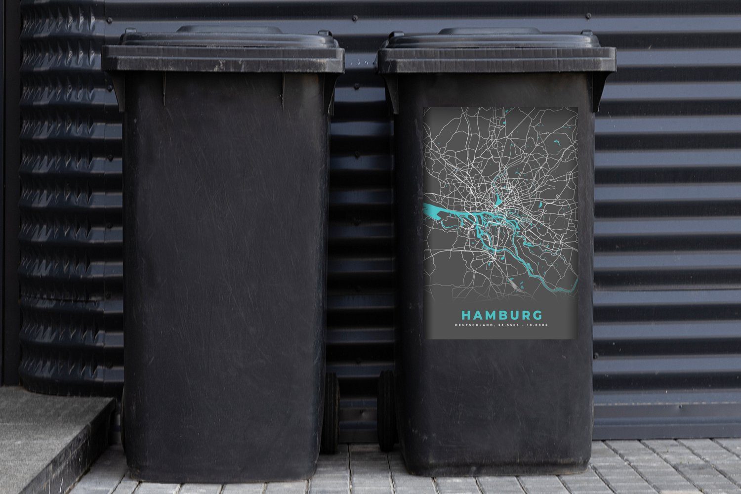 St), Sticker, - Container, MuchoWow Karte - Hamburg Deutschland Stadtplan - - Abfalbehälter Mülltonne, Blau Mülleimer-aufkleber, (1 Wandsticker