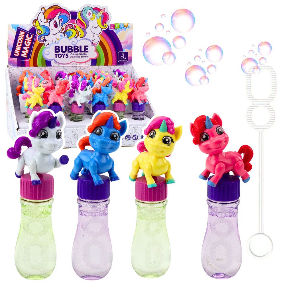 LEAN TOYS Seifenblasenspielzeug Seifenblasenset Einhornfigur Gartenspielzeug, bewegliche Einhornfigur, Blasstab, 14 cm, Flüssigkeit