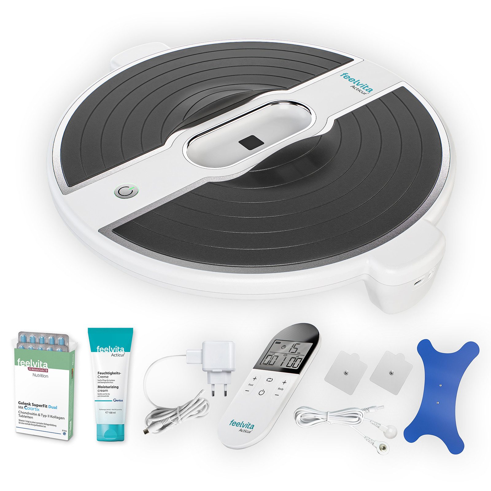 Genius EMS-Fußmassage-Gerät Feelvita Acticur Aktiv-Set Durchblutungsstimulator inkl. SuperFit, (12-tlg Set), Praktisches Schwenkelement -- FlexShifter