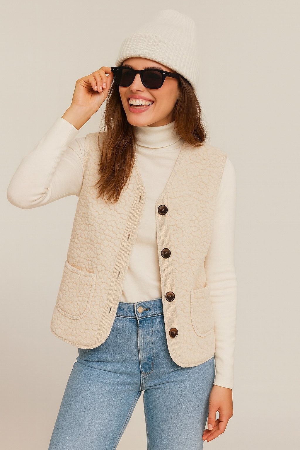 May Gem Kurzweste Kuschelweiche Damen Bouclé Weste mit Samt Cord Details 38-42 Einheitsgröße - 38-40 (lässig) & 40-42 (klassisch)