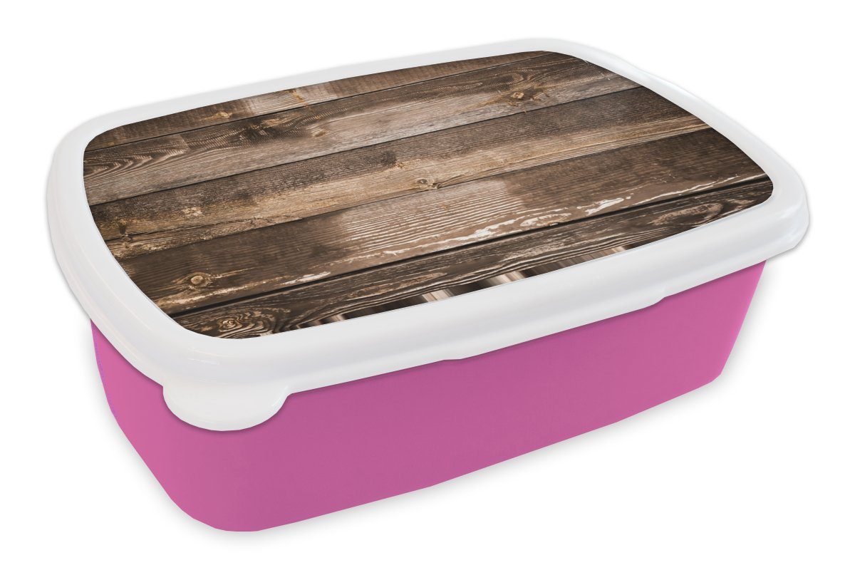 MuchoWow Lunchbox Regale - Holz - Dunkel, Kunststoff, (2-tlg), Brotbox für Erwachsene, Brotdose Kinder, Snackbox, Mädchen, Kunststoff rosa