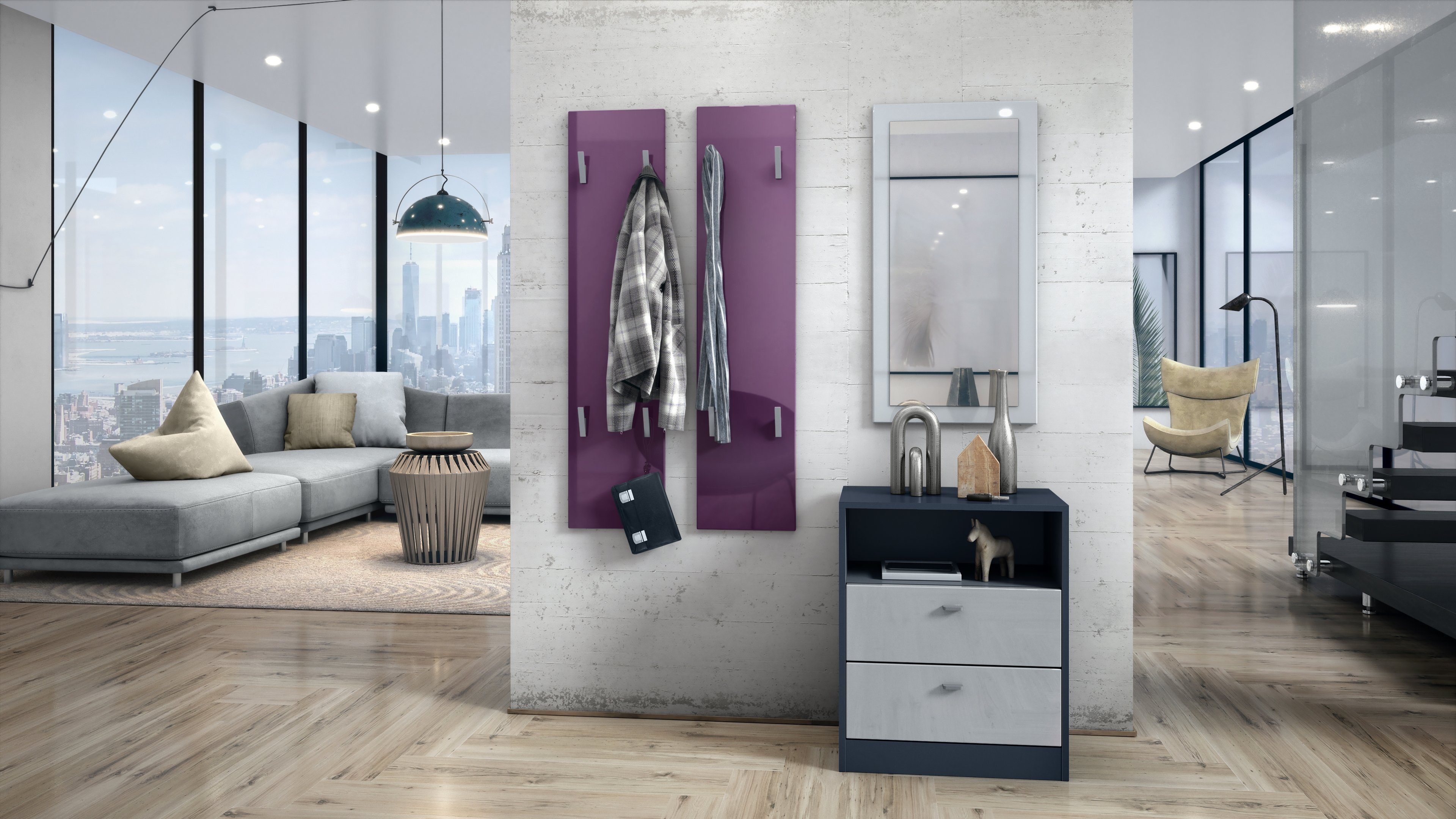 Vladon Garderobenpaneel Wandpaneel 120 (Garderobenpaneel, bestehend aus 2 Paneelen), Brombeer Hochglanz (je 28 x 120 x 2 cm)