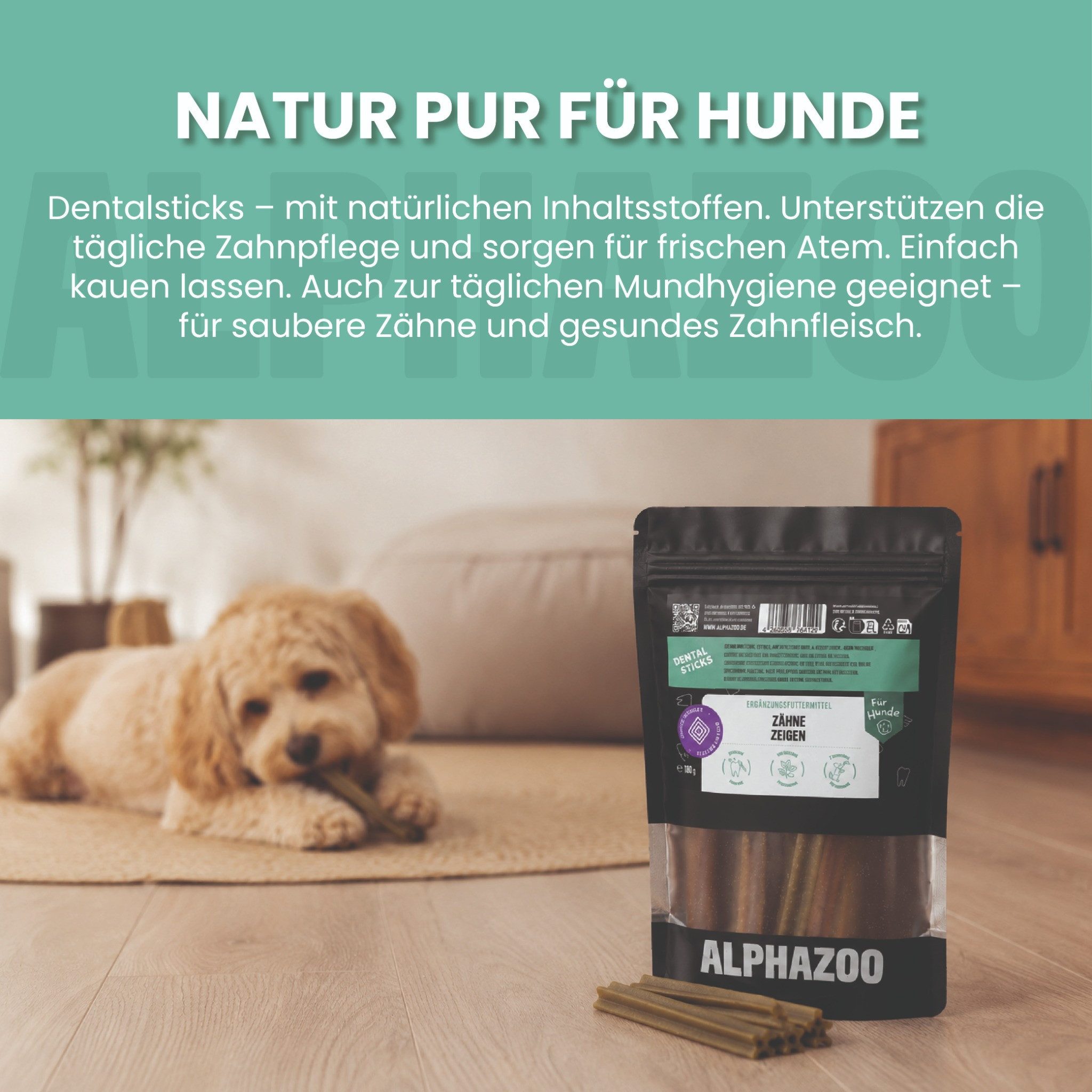 ALPHAZOO Zähne Zeigen Dentalstick 7 Stück, Anti Plaque Zahnsnacks für Hunde, Snack für: Hunde, Zahnpflege-Kausnack bei Zahnbelag und Mundgeruch