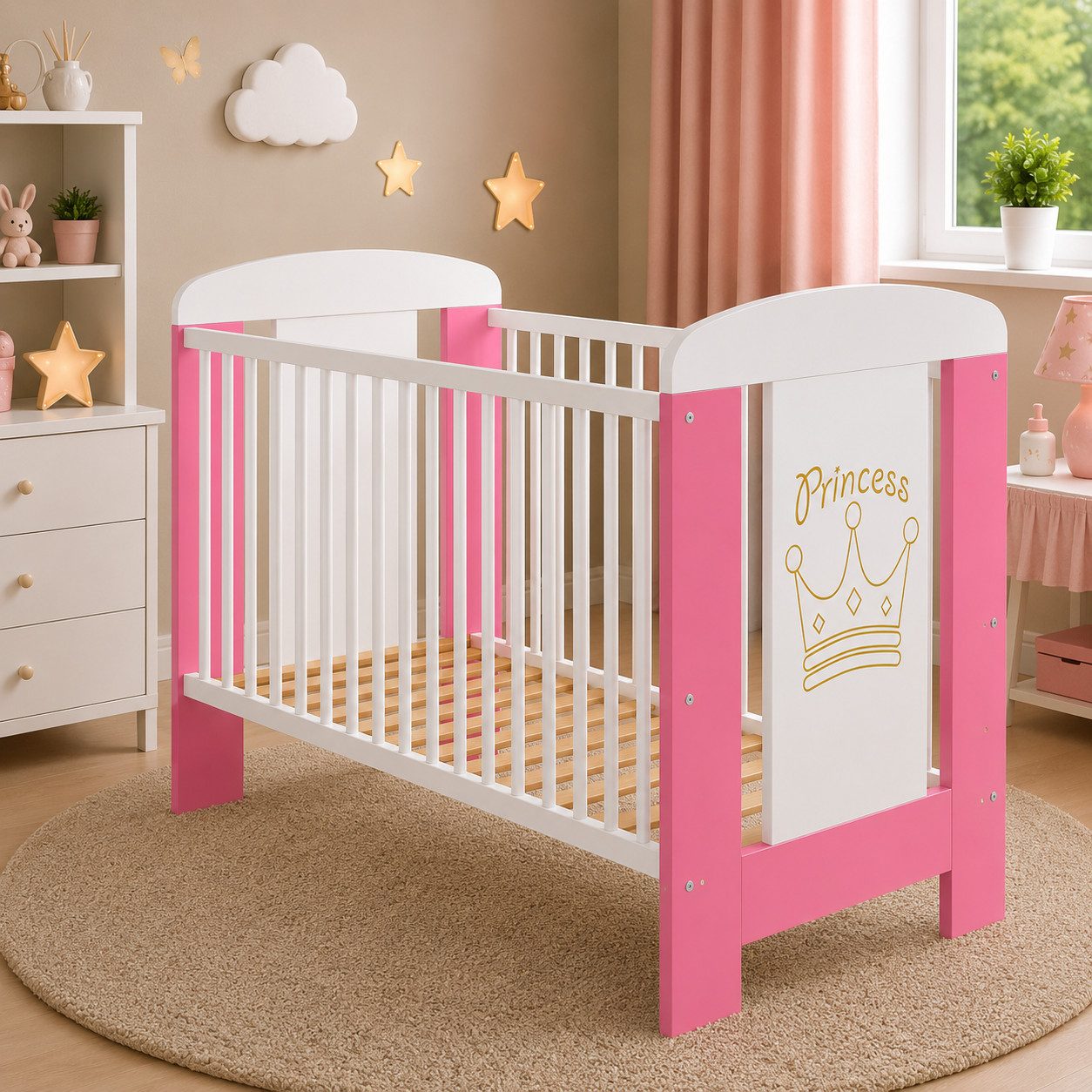 Best for Kids Babybett 120x60cm mit und ohne Matratze, 4-teilig, aus Buchenholz, 1-tlg., Kinderbett, Babybett 60x120 cm mit 3 herausnehmbare Schlupfsprossen