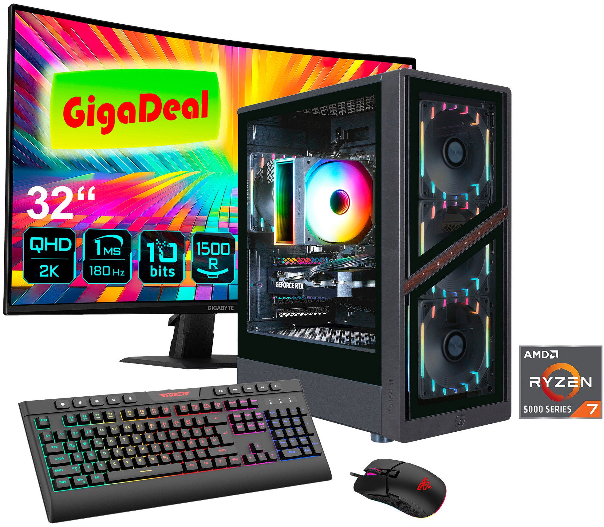 GAMEMAX GigaDeal AERIS GB 2805 AMD Ryzen 7 5700X 32GB 1TB SSD RTX 5070 Gaming-PC-Komplettsystem (32", AMD Ryzen 7 5700X, RTX 5070, 32 GB RAM, 1000 GB SSD, Windows 11 + Gigabyte GS32QCA LED-Monitor Curved, 80 cm 32)