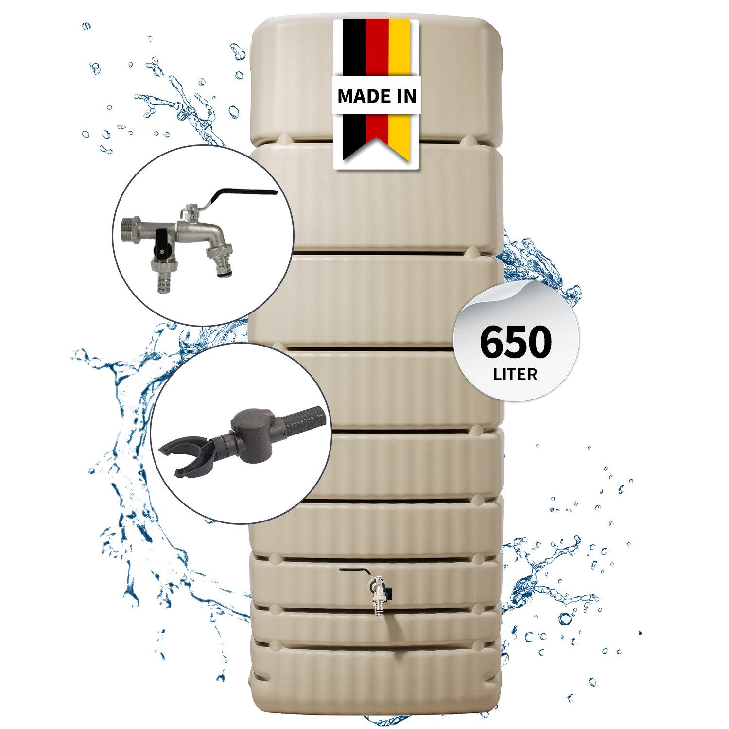 4rain Regentonne SLIM Regentonne Wandtank Komplett-Set 650 L, sandbeige, 650 l