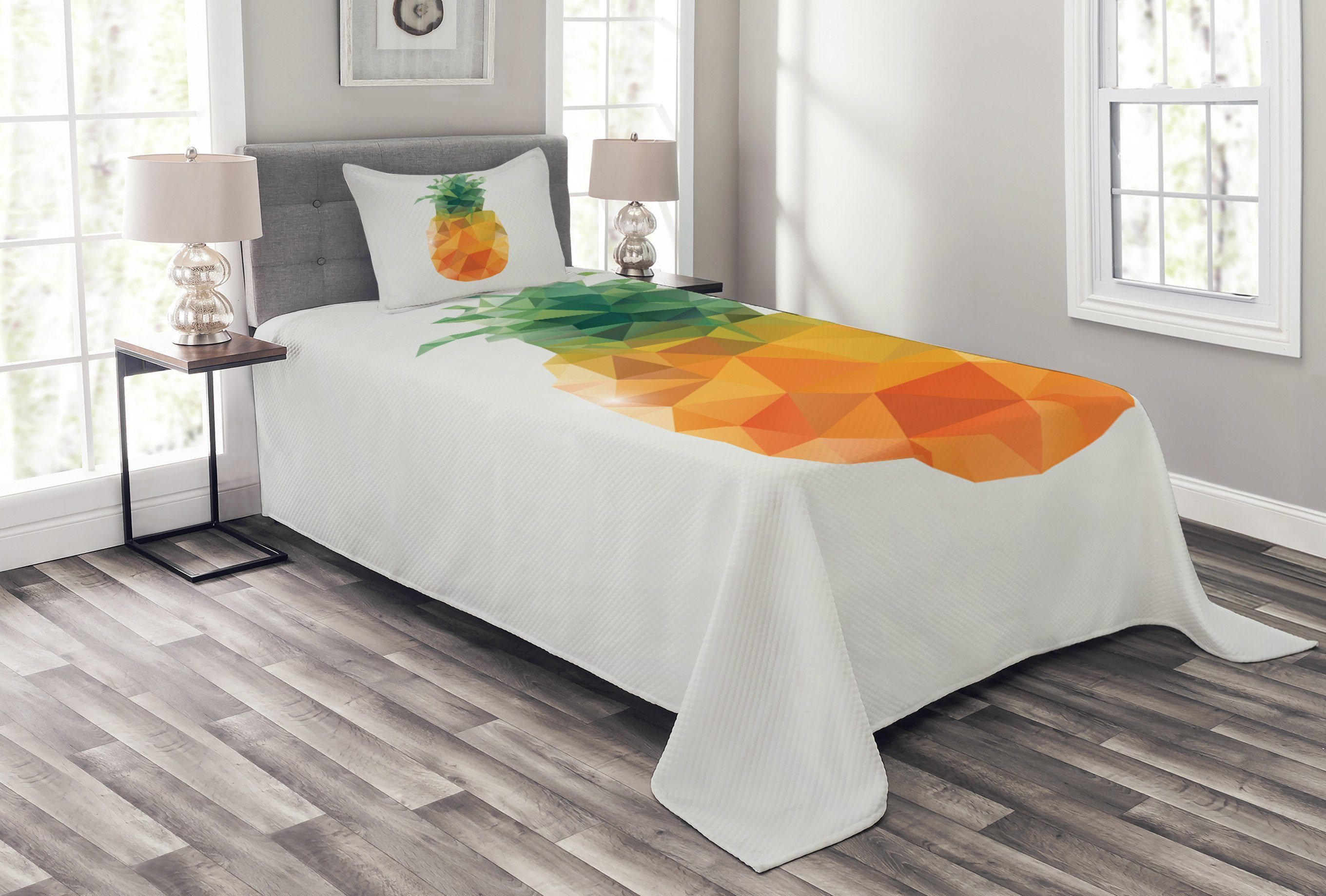 Tagesdecke Set mit Kissenbezügen Waschbar, Abakuhaus, grün orange Angular Ananas