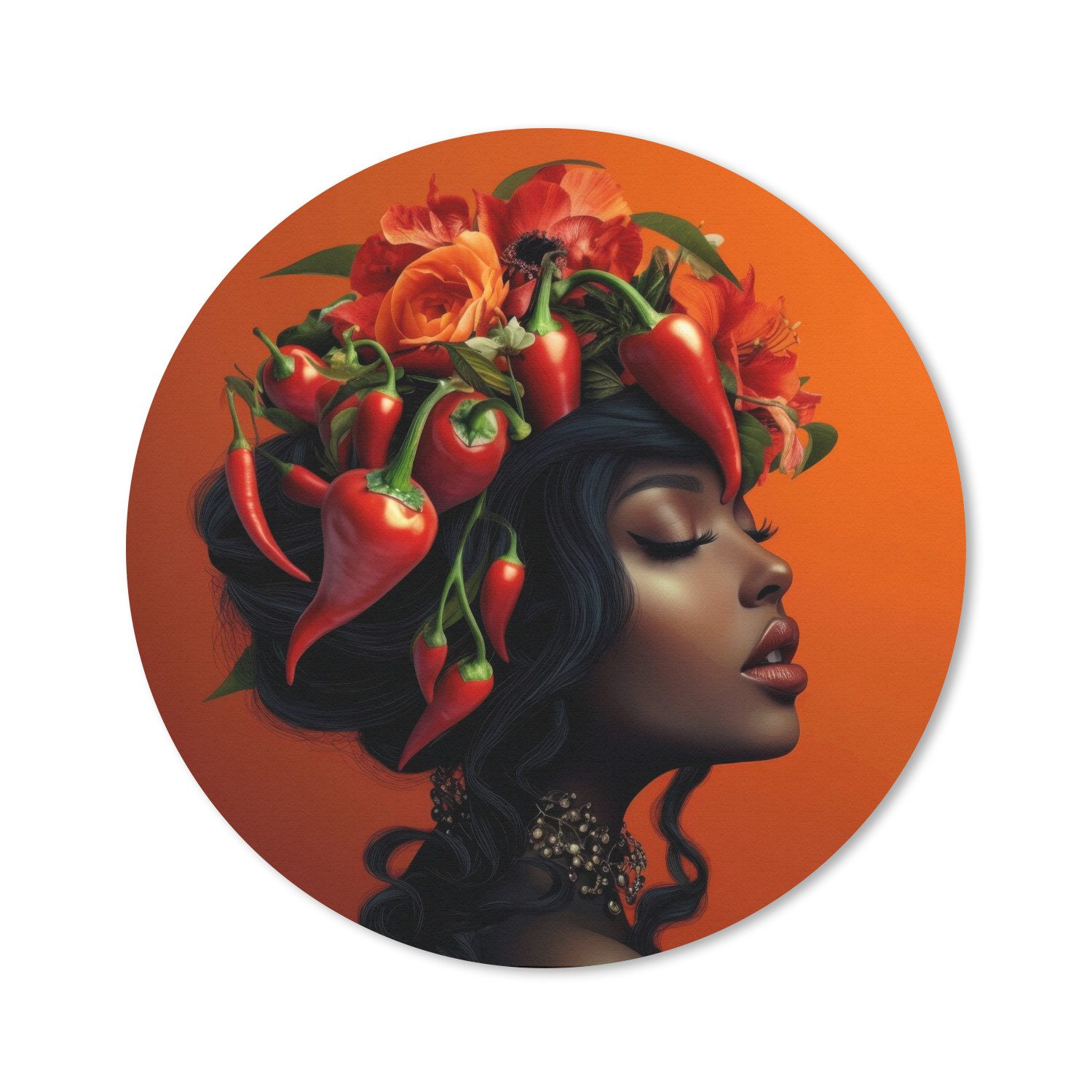 MuchoWow Mauspad Frau - Chilischoten - Blumen (1-St), Gaming, Rutschfester Unterseite, Mausunterlage, Rund 50x50 cm