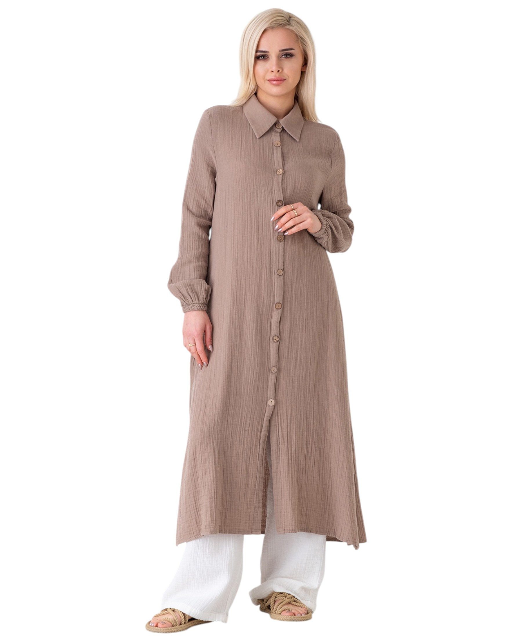 WENOR Longtunika Musselin 130cm lang Kokosknopf 100% Baumwolle Modest Look 36-50