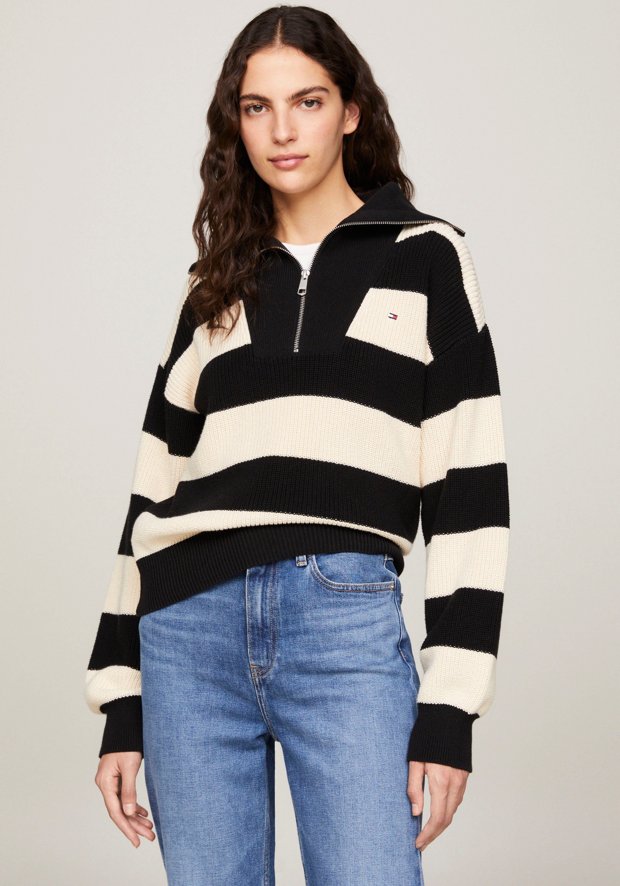 Tommy Hilfiger Strickpullover CO CARDI STITCH 1/2 ZIP SWT Black/_Calico_Rugby_Stp