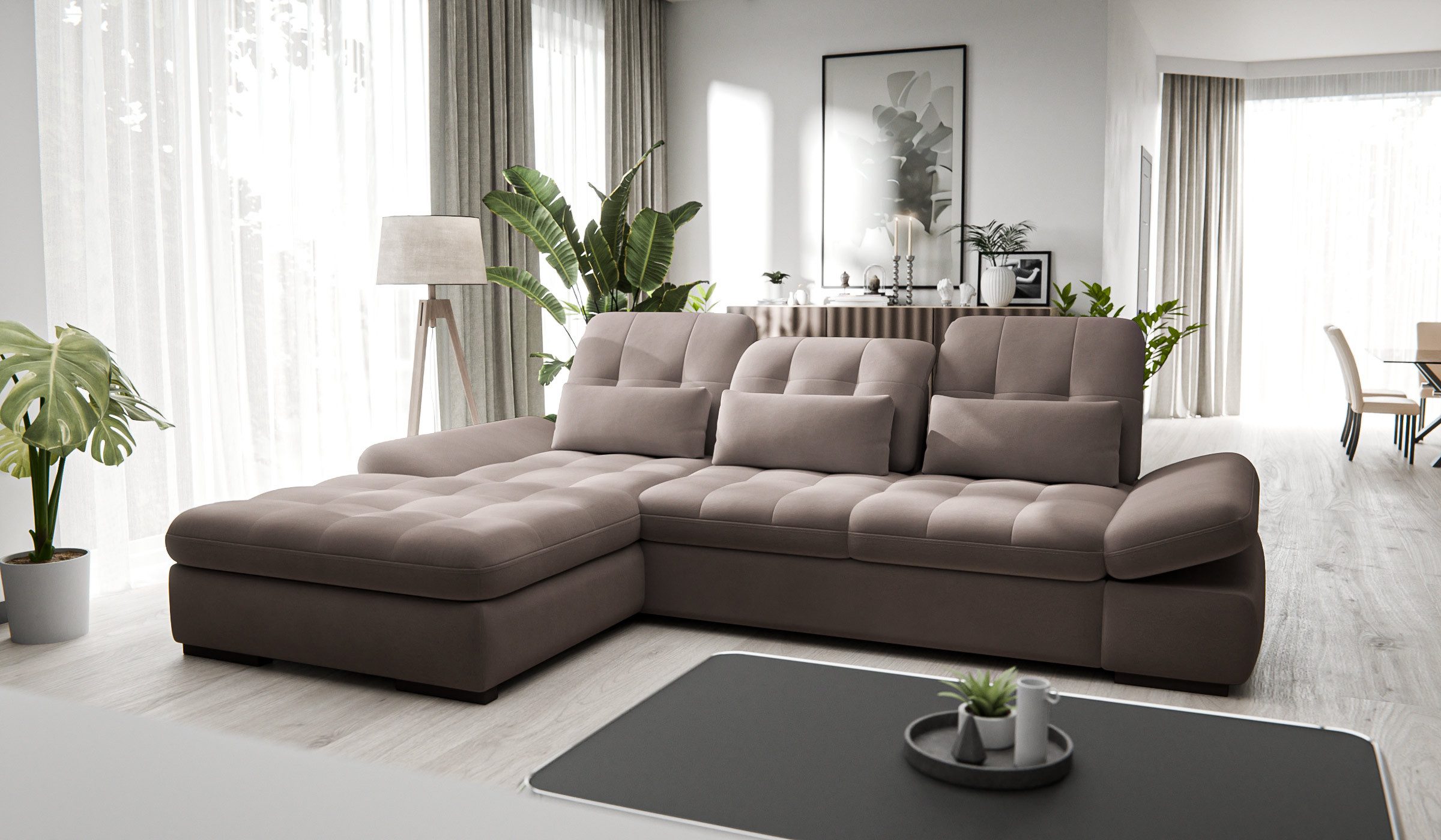 Hygger Möbelhaus Ecksofa Oregon L-Form XXL 300x200, wahlweise mit Schlaffunktion und Bettkasten, Polsterecke Inkl. Sitztiefenverstellung, Arm- und Kopfteilverstellung, 3 Nierenkissen, Hergestellt in Europa