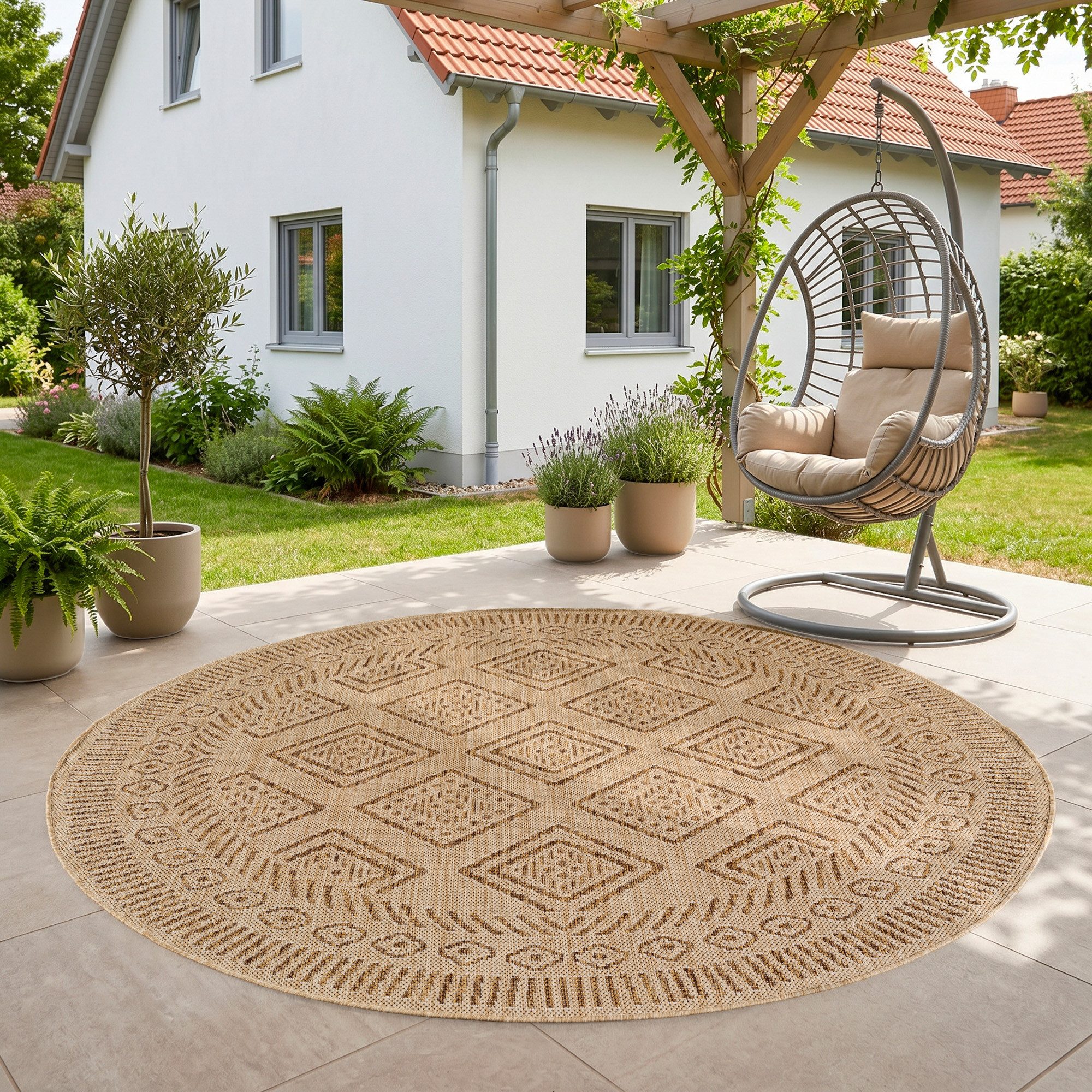 SIMPEX24 Outdoorteppich Ethno, Rund, Höhe: 3 mm, Teppich Wetterfest Waschbar Balkon, Garten, Terrasse und Küchenteppich