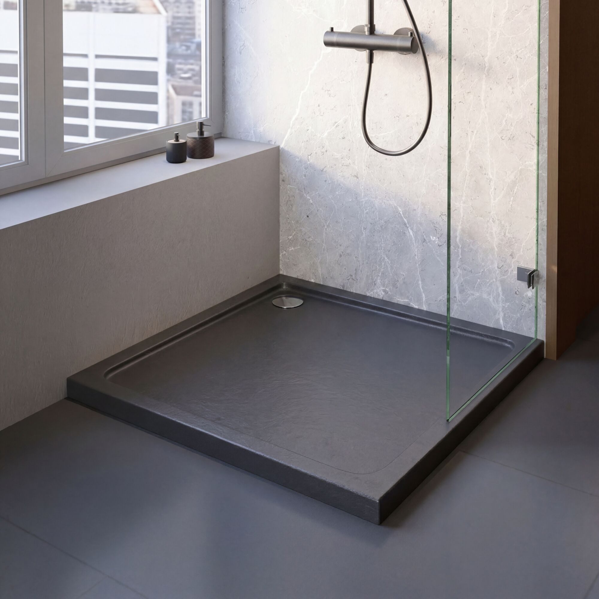 Schulte Duschwanne Adria, Sanitäracryl, 80 x 80 cm Anthrazit Komplett Set mit Wannenträger und Ablauf