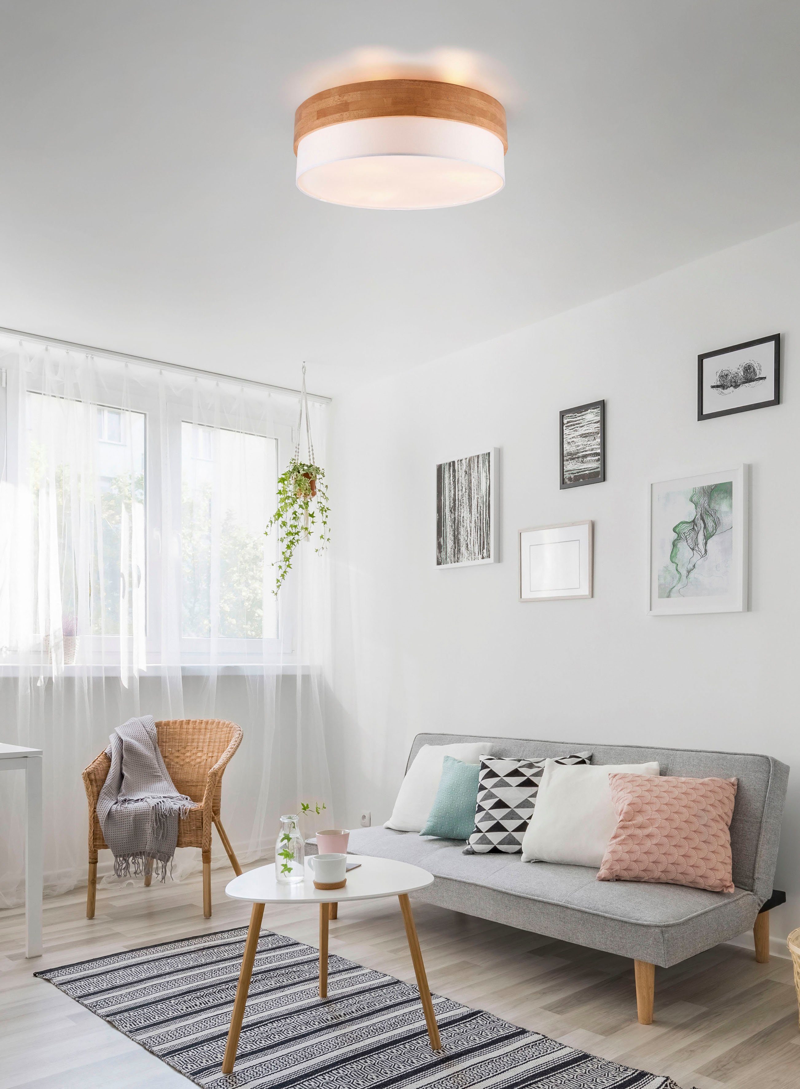 TRIO Leuchten Deckenleuchte Seasons, ohne Leuchtmittel, warmweiß - kaltweiß, Deckenlampe Holz mit Stoffschirm Ø50cm exkl 3xE27 max 40W