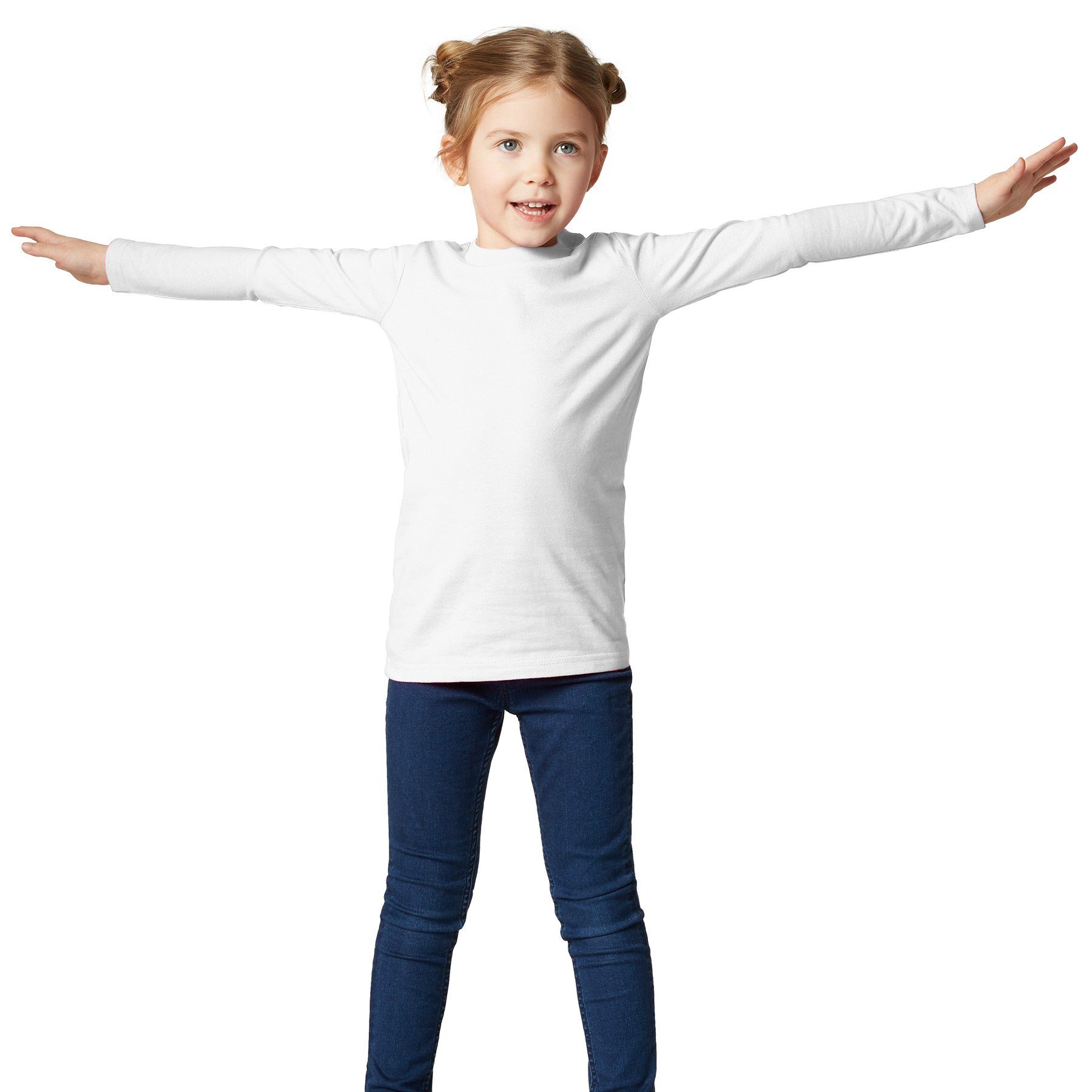 dressforfun Longsleeve Langarmtop, Für viele Outfits & Auftritte, Rundhals mit (Freizeitoberteil, Konfektionsgröße 116 (5-7 Jahre) in weiß) Einfarbiges Langarm-Shirt für Kinder, Fester Stoff, hoher Tragekomfort