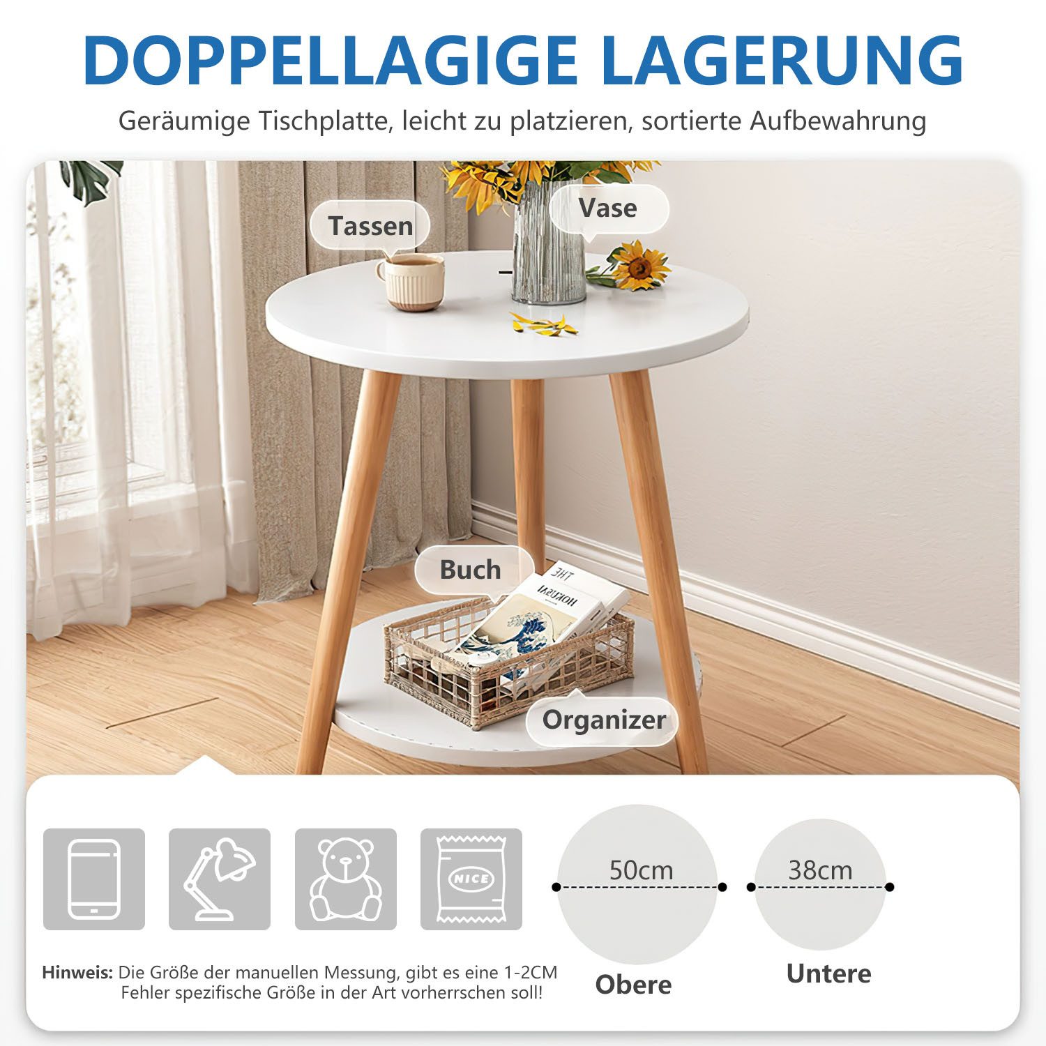 HEYHIPPO Beistelltisch Warmweißer doppelschichtiger Couchtisch aus Holz kleiner Beistelltisch (Ein Tisch, Rutschfest, nur 0,28 m² Fläche, stabile Dreiecksstrukt – Bild 4 von 5