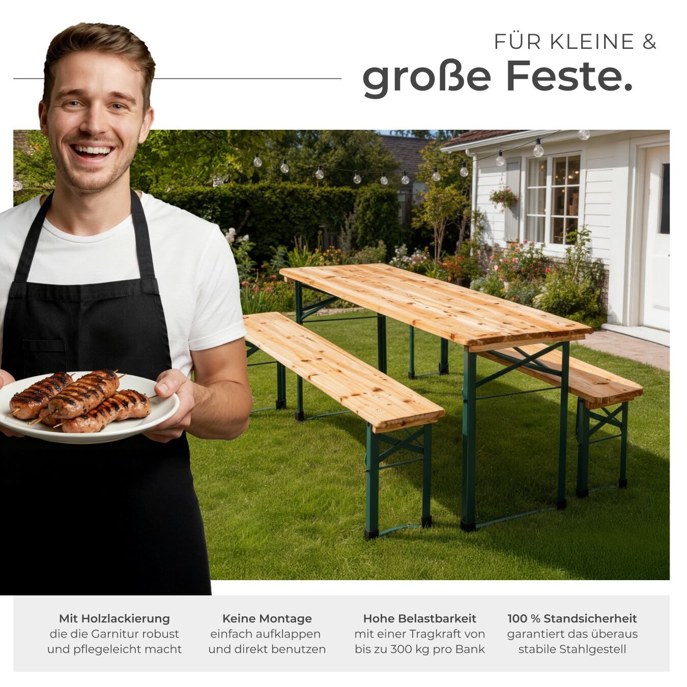 tectake Bierzeltgarnitur Bierzelt-Set "Sissi" - Klappbar für bis zu 8 Personen, (Festzeltgarnitur Set 3 tlg, 3-tlg., Optik klassisch in Braun), Langlebiges Tann – Bild 4 von 5