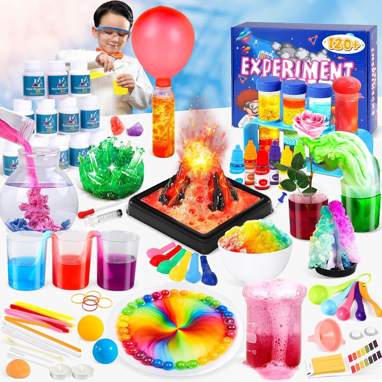 POPOLIC Experimentierkasten 120+ Experimente für Kinder, Lernspielzeug für Kinder, Kreativset, (1-tlg., Spielzeug ab 6 7 8 9 10 11 12 Jahre Jungen MäDchen, Kindergeschenke), Experimentierkasten Chemiebaukasten Kristalle ZüChten