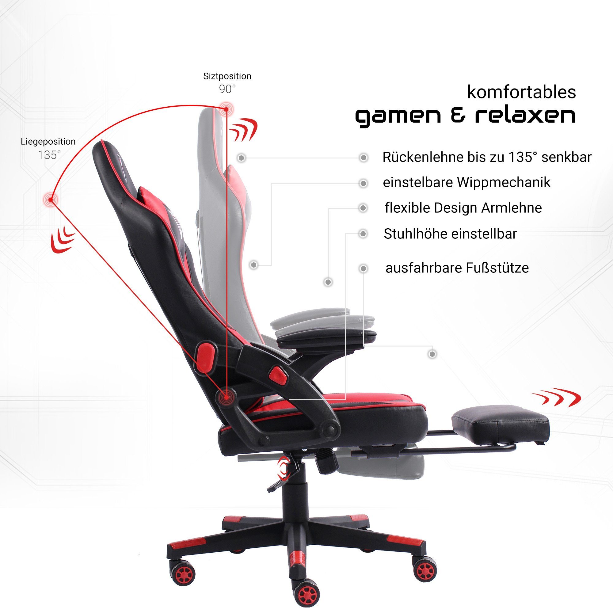 TRISENS (1 Stück), Racing-Design Schwarz/Rot Bürostuhl Chefsessel Gaming Fußstütze Armando PC-Stuhl Chair Chefsessel