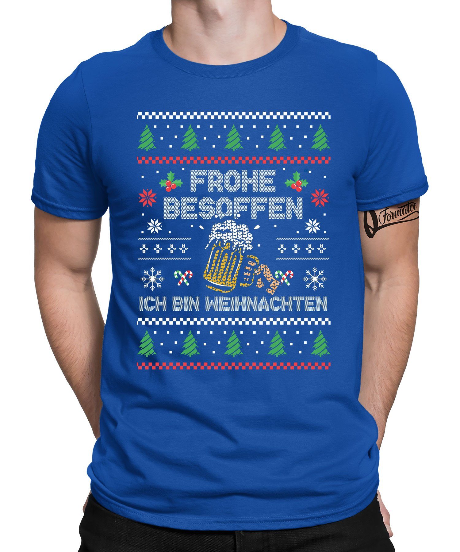 Quattro Formatee Kurzarmshirt Bier Besoffen Ugly - Weihnachten Nikolaus Weihnachtsgeschenk Herren (1-tlg) Blau