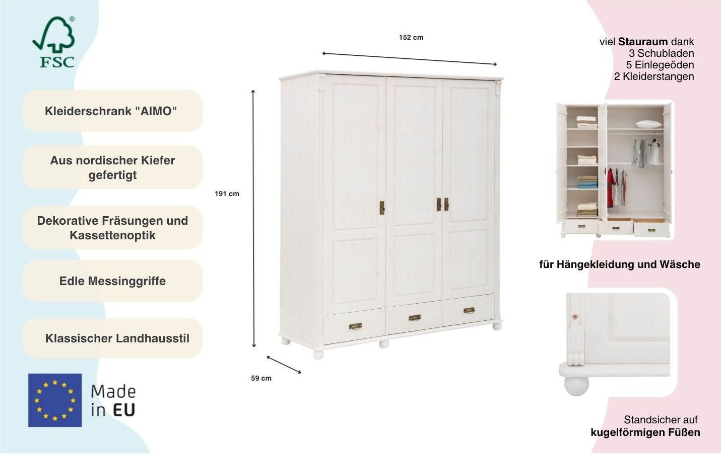 OTTO home Drehtürenschrank "Aimo", 3 türig, Landhausstil, Kassetten (B/H/T ca. 152/191/59 cm) aus Massivholz; FSC®-Holz, Messinggriffe, Schubladen, stabile Qualität