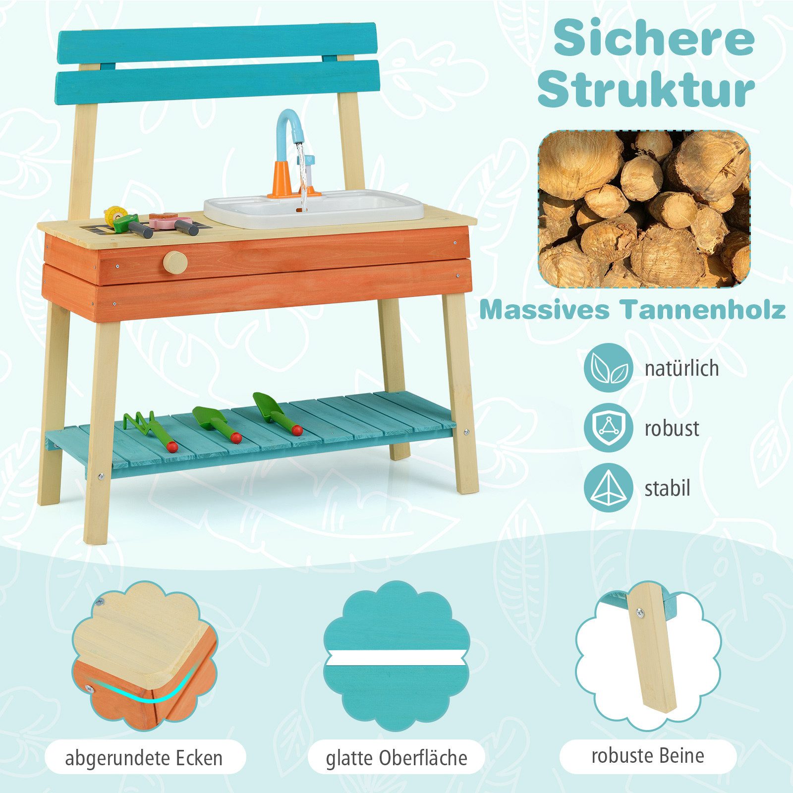 COSTWAY Spielküche Holz, Kinderkücheset mit Holzspießen & Gartenaccessoires