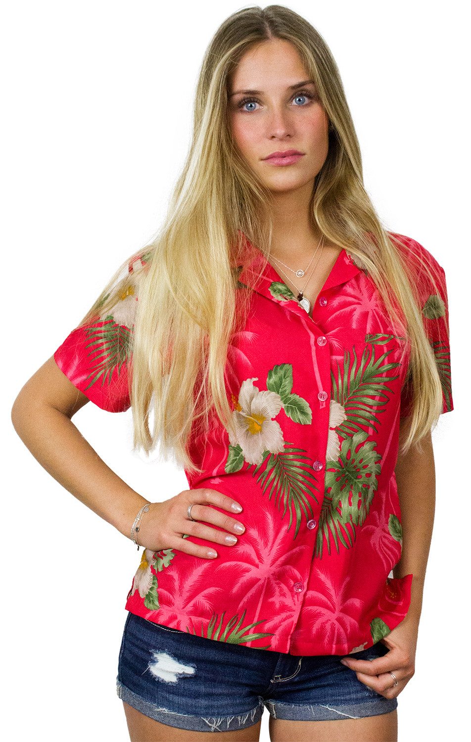 King Kameha Hawaiihemd Small Flower Funky Hawaiibluse Damen Kurzarm Front-Tasche Stylish