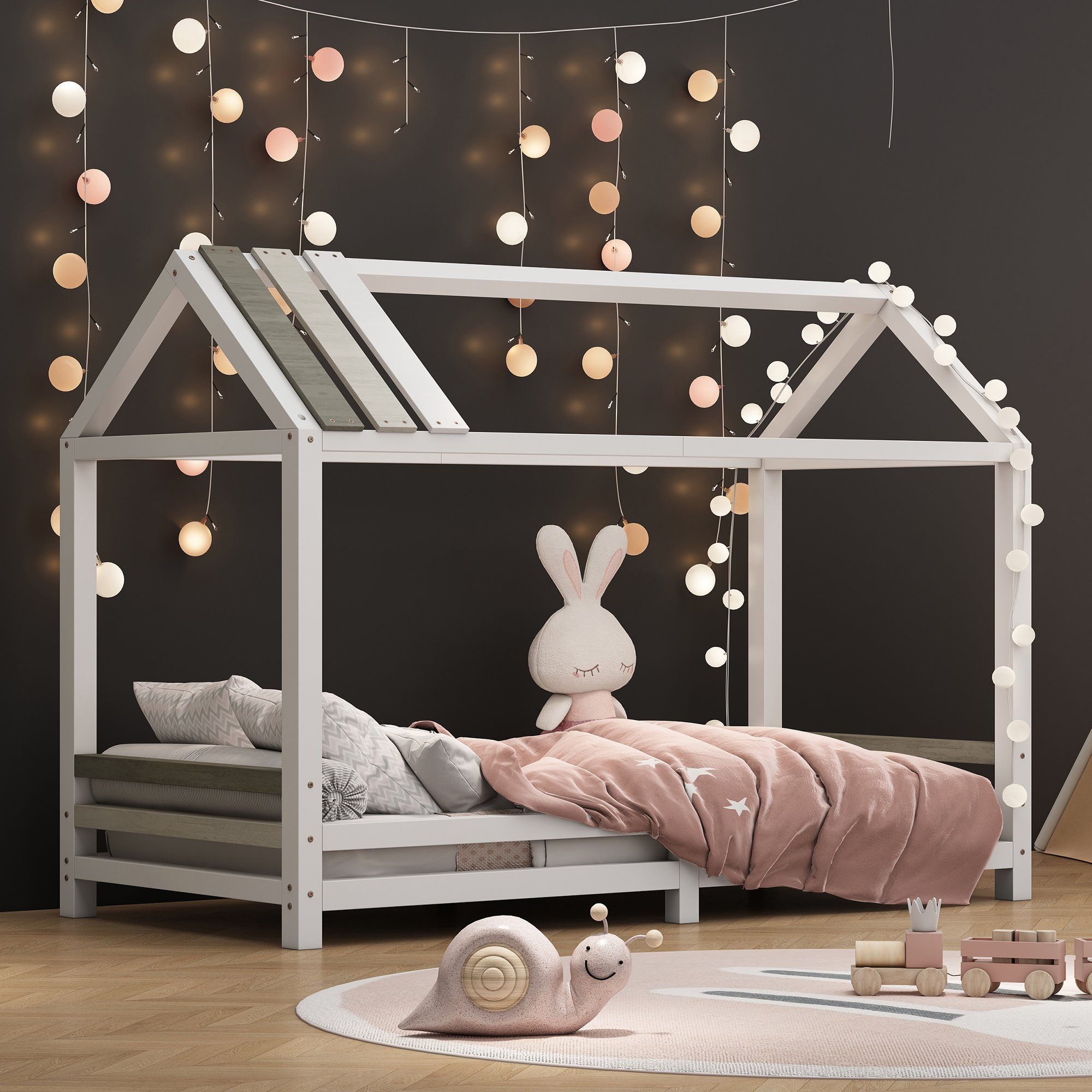 SOFTWEARY Kinderbett »Hausbett mit Lattenrost, 90x200 cm, Holzbett aus  Kieferholz, Einzelbett, Jugendbett« online kaufen | OTTO