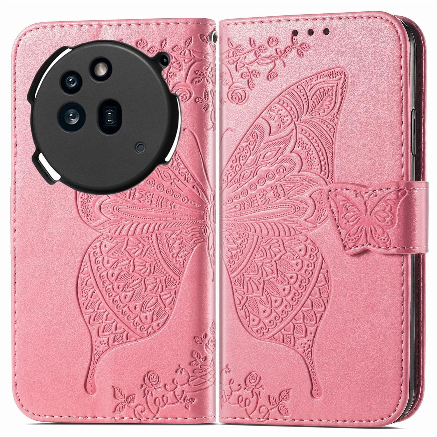 Wigento Smartphone-Hülle Für Nothing Phone 3a Pro Kunstleder Schmetterling Tasche Hülle Pink, Kunst-Leder Schutzhülle Smart Case Cover magnetischer Verschluss