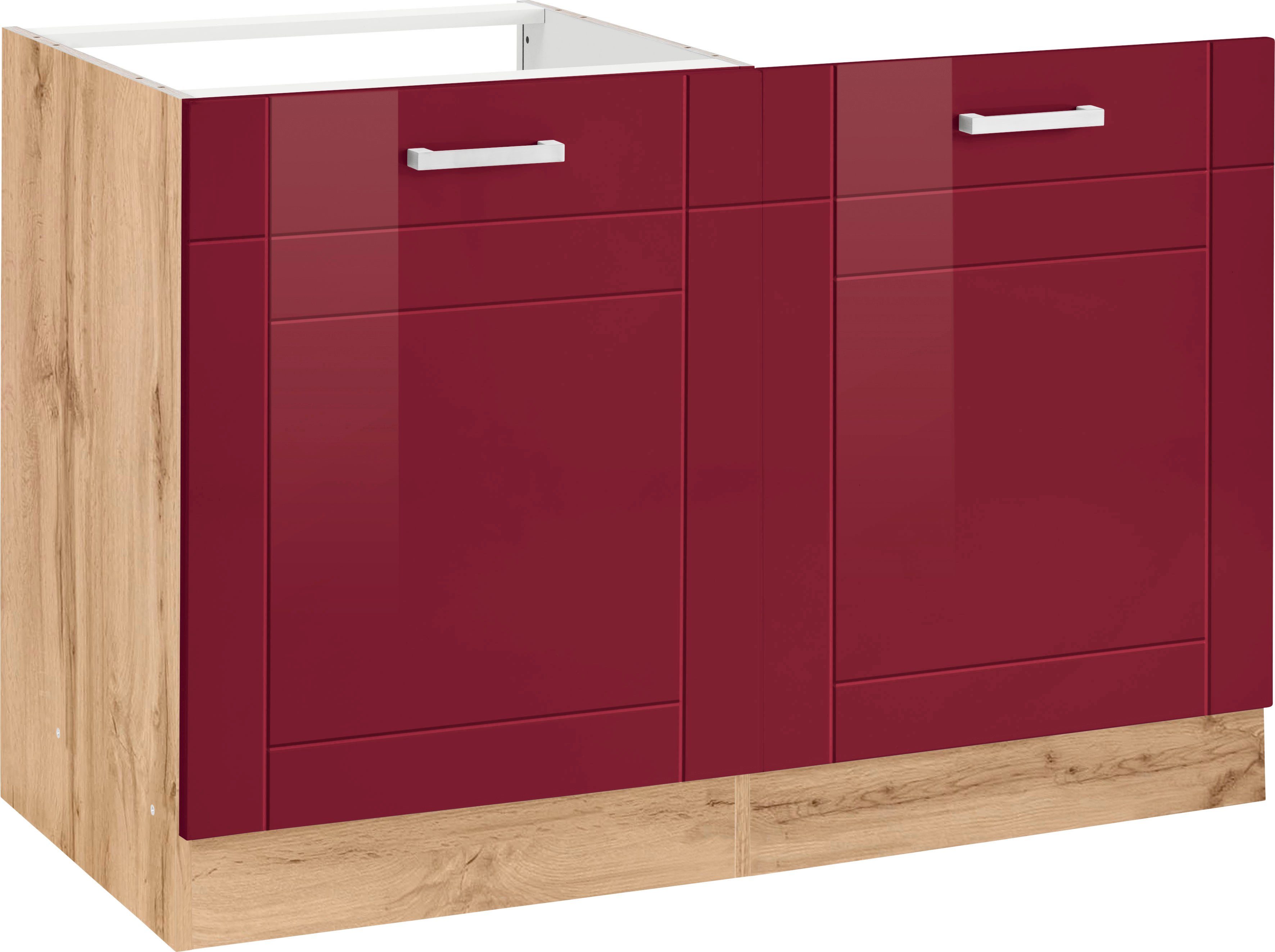 HELD MÖBEL Spülenschrank Tinnum 120 cm breit, MDF-Fronten, Metallgriffe, inklusive Einbauspüle rot | wotaneiche