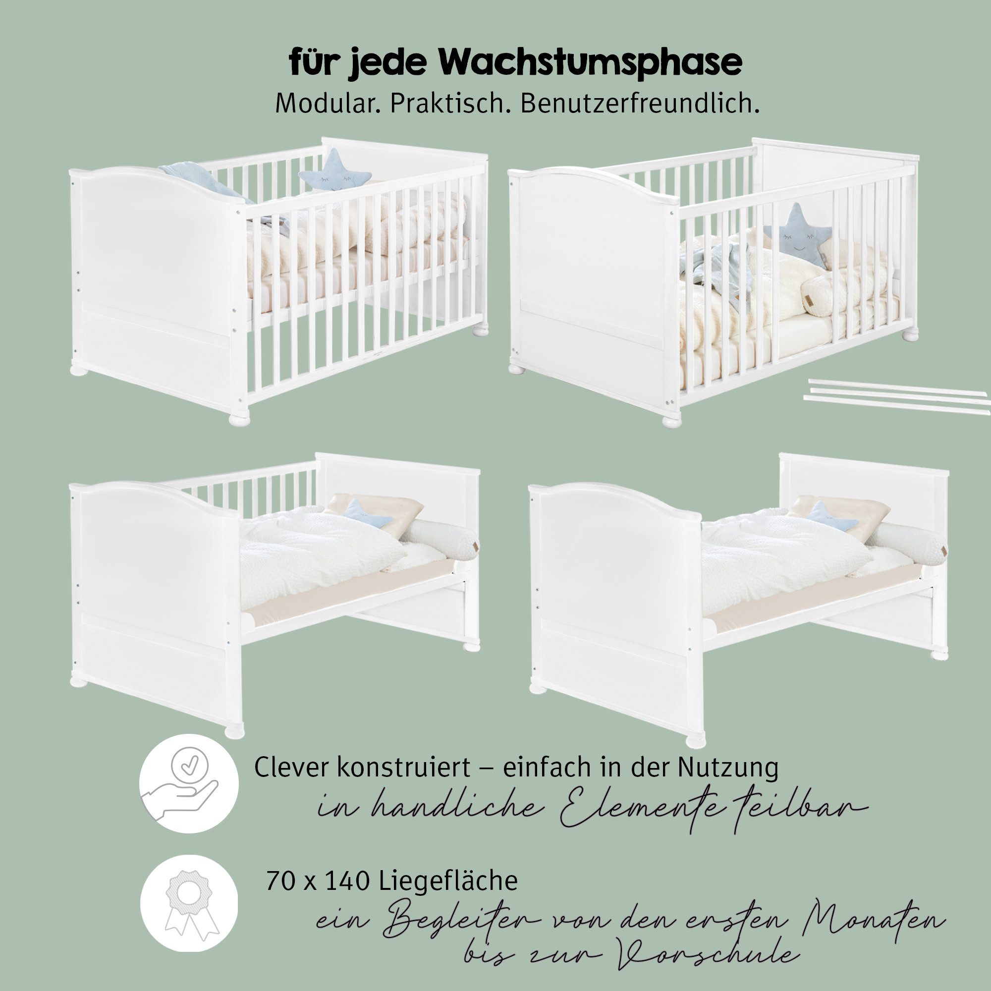 roba® Babybett Fox & Bunny 70 x 140 cm - Komplett Set Gitterbett Holz Weiß, mit Bettwäsche, Himmel, Nest, Matratze - Umbaubar Juniorbett