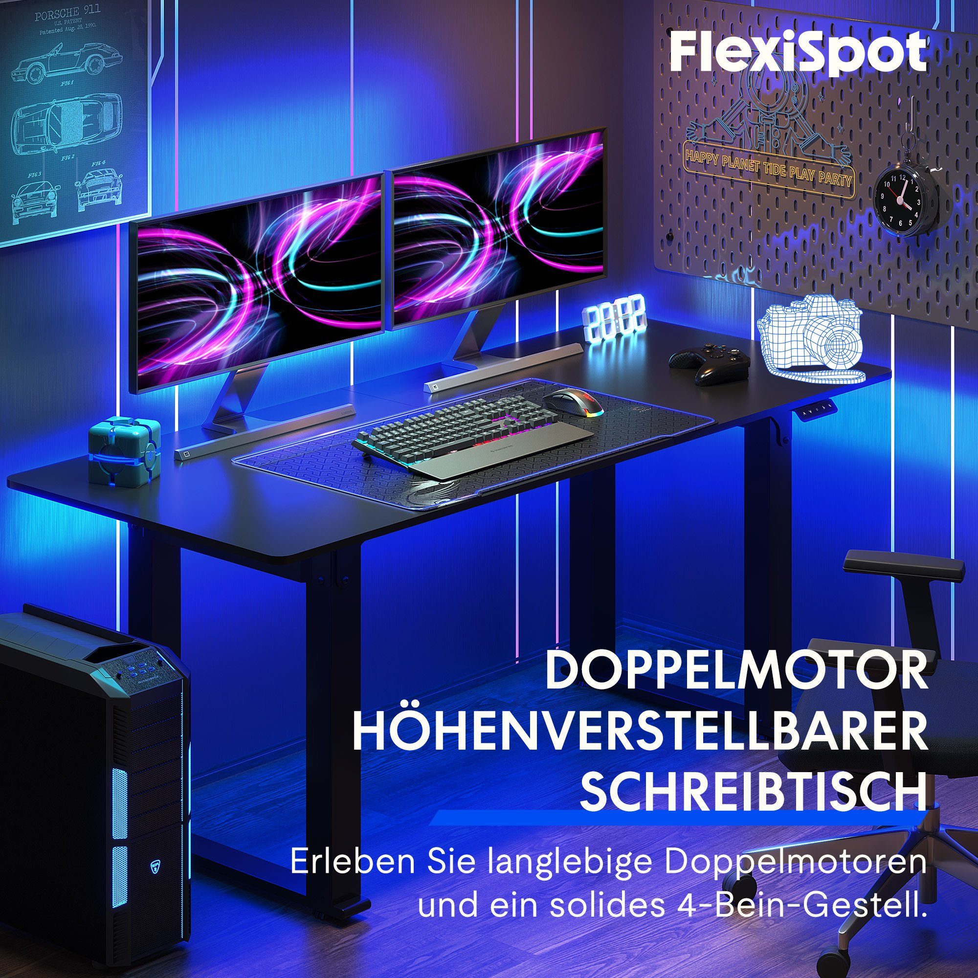 FLEXISPOT Schreibtisch Elektrisch höhenverstellbarer Tisch mit Doppelmotor (Höhenverstellbarer Schreibtisch elektrisch), Gaming Tisch, 4-Beinen, 2 Motoren, 2-Fach-Teleskop