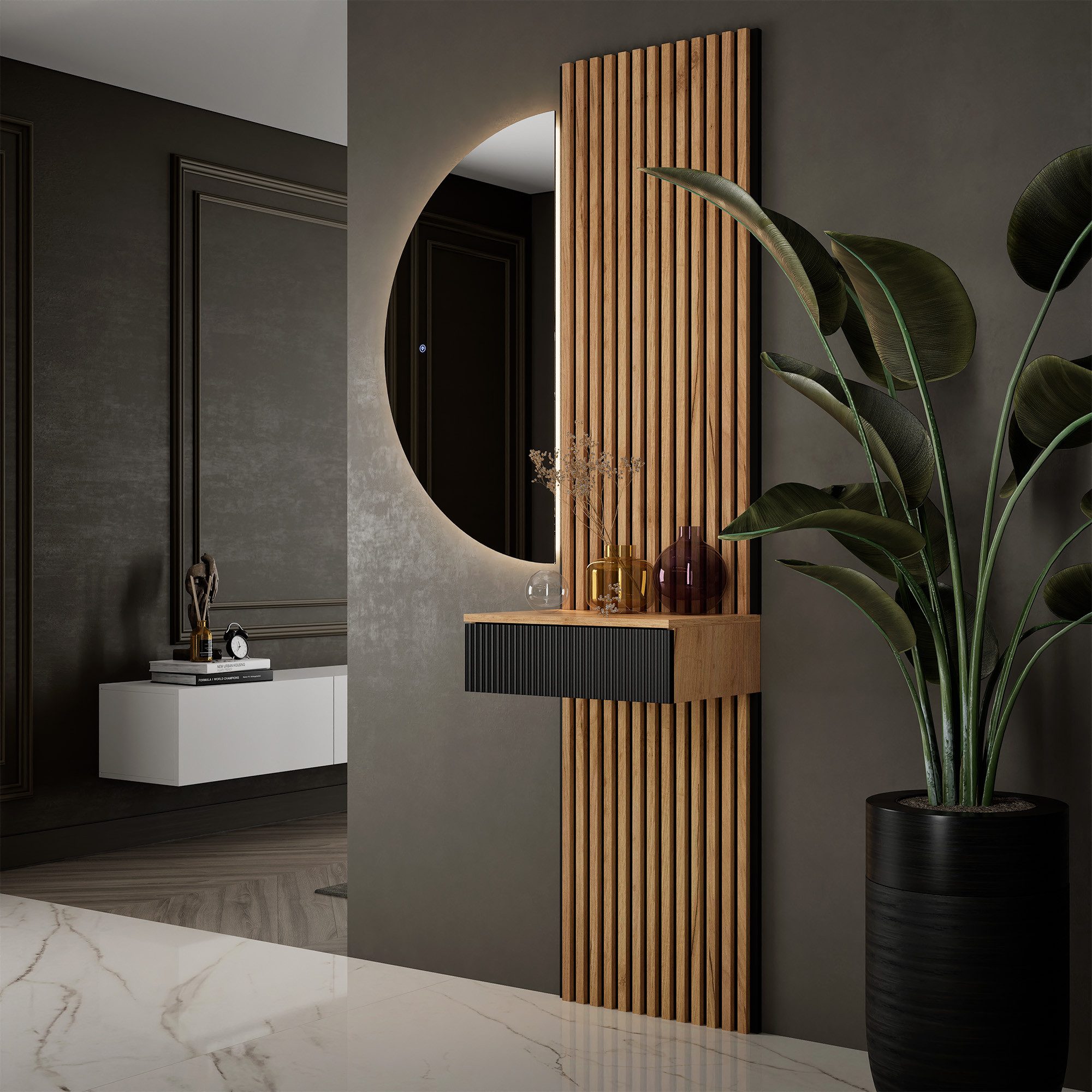 Planetmöbel Garderoben-Set AMYRA Flur Garderobe Spiegel mit Beleuchtung & Akustikpaneele, (LED Spiegel Nivora 50 x 100 cm, Touch-Funktion, Dimmbar, Konsolentisch 50 cm mit moderner Front schwarz), Akustikpaneele 2 x 120cm mit MDF-Latten & 5mm Filzplatte